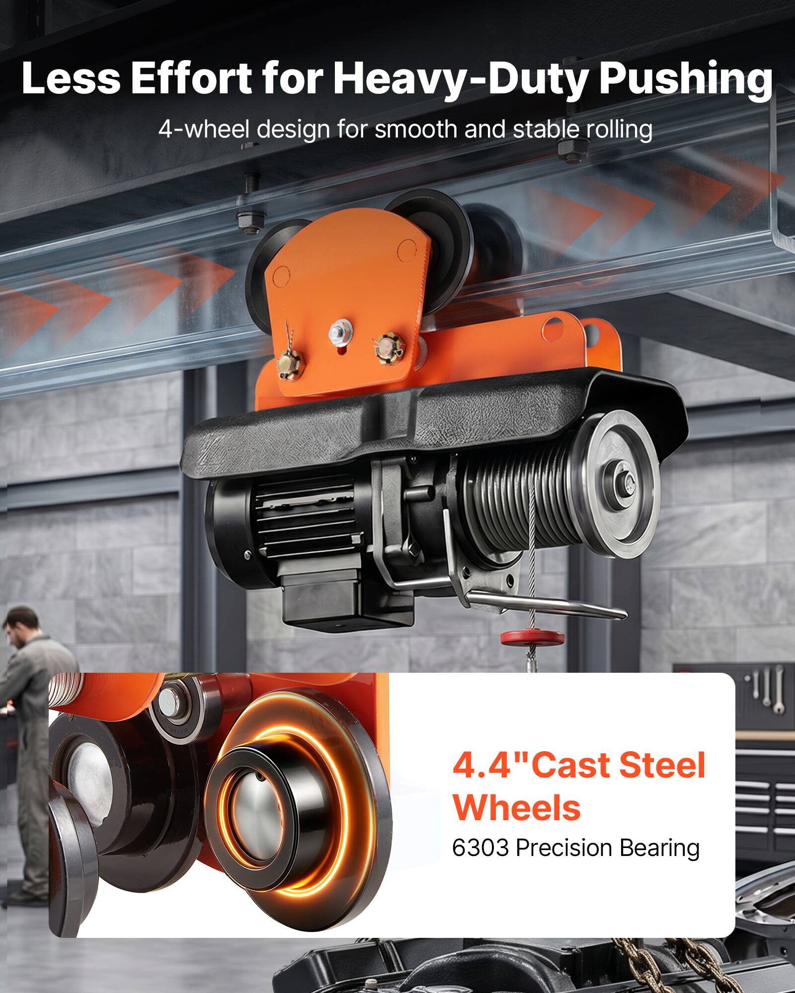 Less Effort for Heavy-Duty Pushing  
4-wheel design for smooth and stable rolling  
4.4" Cast Steel Wheels  
6303 Precision Bearing