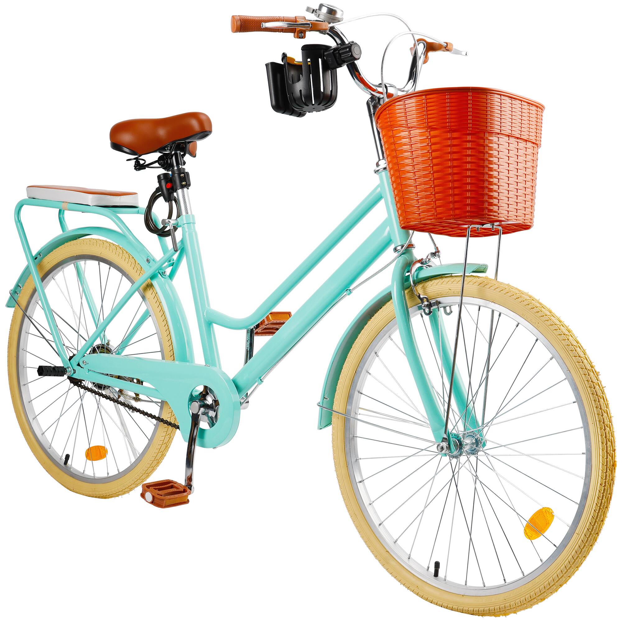 Angle. Topteng - 24 inch Commuter Bicycle with Front Basket & Rear Rack, High Carbon Steel Frame, City Bike for Adult Men and Women-Green - Green.