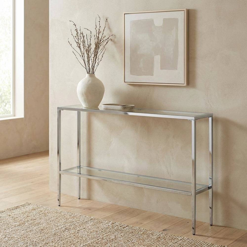 Alt View 1. FurniFact - Chrome Console Table with Sleek Finish and Modern Design - Clear.