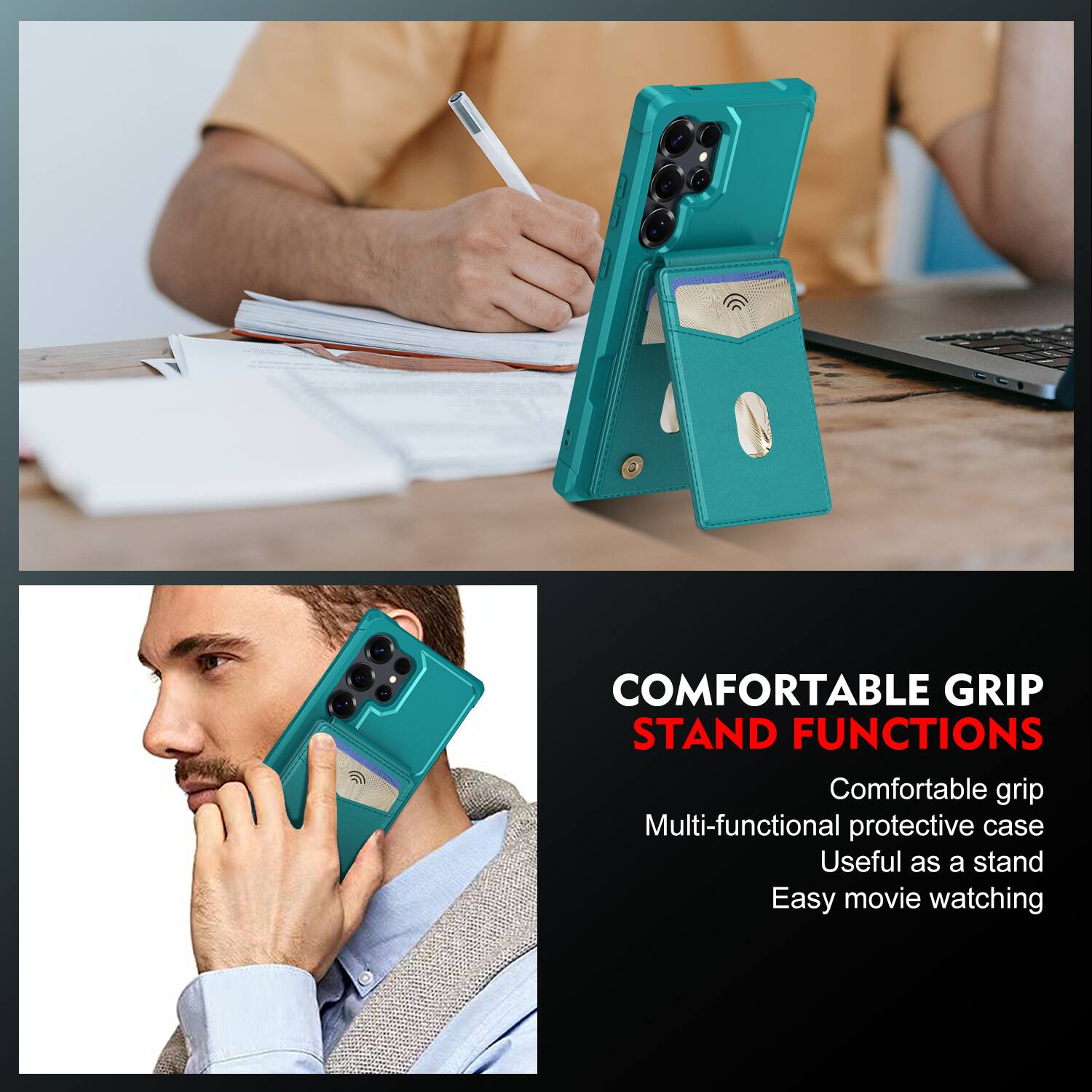 COMFORTABLE GRIP STAND FUNCTIONS

Comfortable grip
Multi-functional protective case
Useful as a stand
Easy movie watching