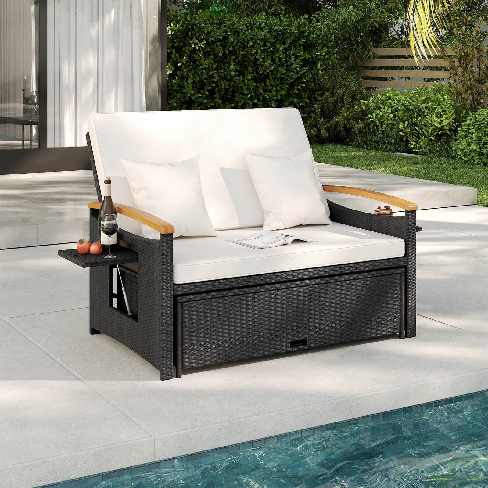 Alt View 4. Costway - Costway Patio Rattan Daybed Set with Cushioned Loveseat & Storage Ottoman for Porch - White + Black.