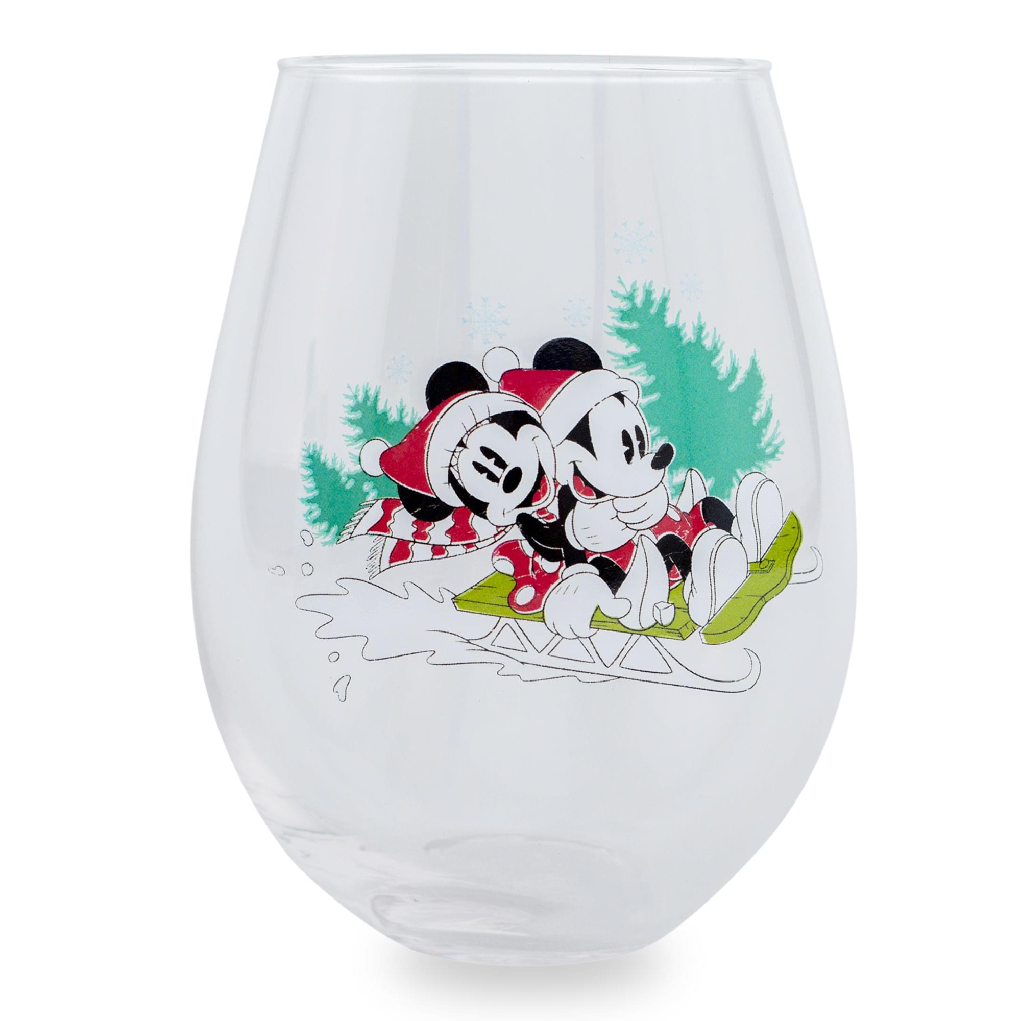 Front. Silver Buffalo - Disney Mickey and Minnie Christmas Sled Stemless Wine Glass | Holds 34 Ounces - Red.