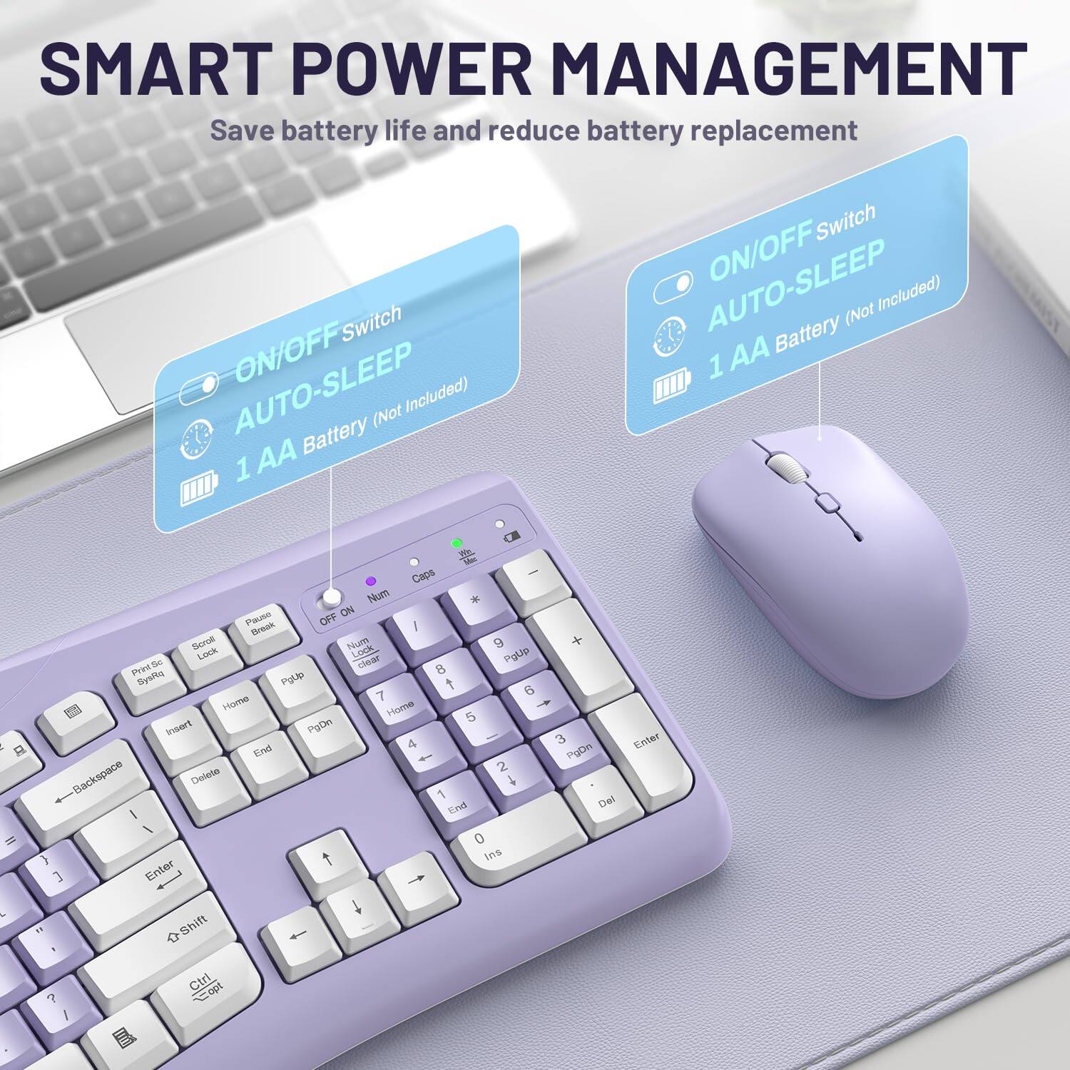 SMART POWER MANAGEMENT  
Save battery life and reduce battery replacement  

ON/OFF Switch  
AUTO-SLEEP  
1 AA Battery (Not Included)  

Mac Caps Num * Pause OFF ON Break / Scroll Lock Num Lock  
9 PrintSc clear PgUp 8 SyaRq PgUp t 6 Home 7 Home 5 Insert PgDn 4 3 Enter End PgDn 2 Backspace Delete t 1 End Del I 0 t Ins Enter + Shift Ctrl copt ?