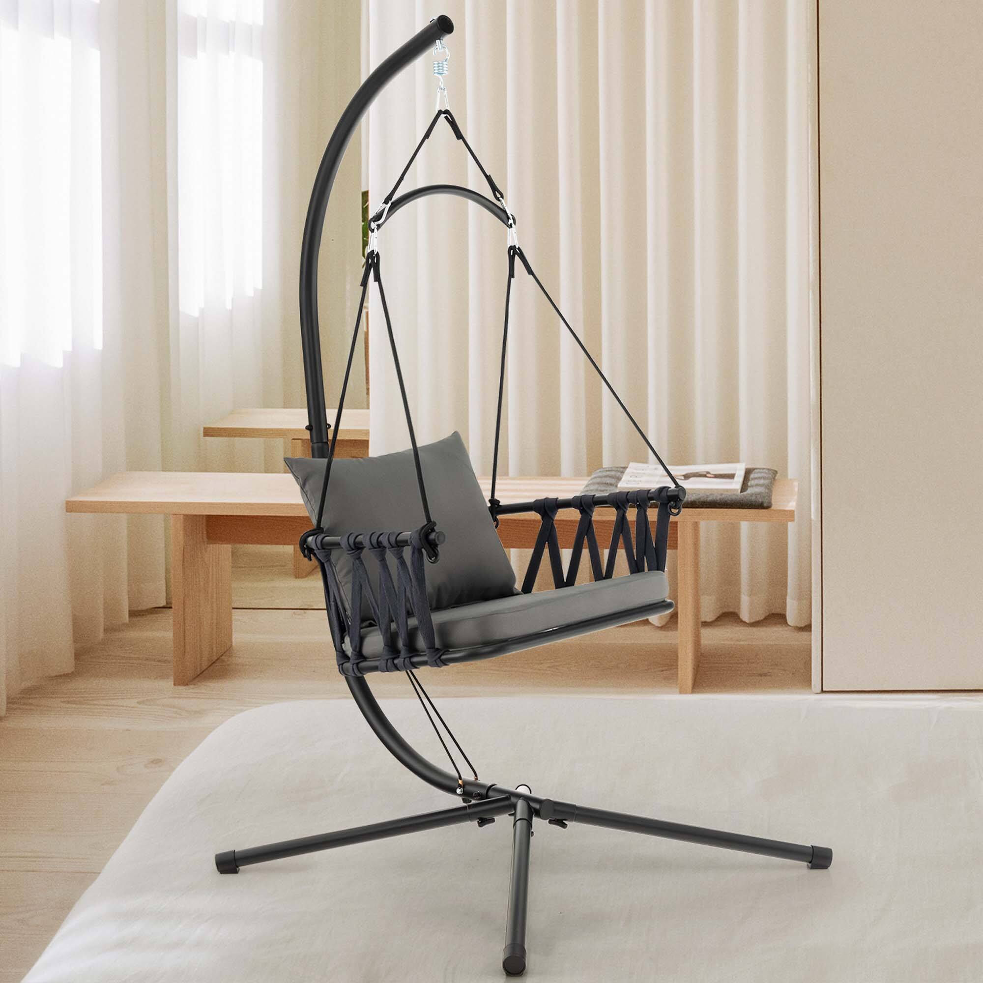 Alt View 2. Costway - Costway Hanging Swing Hammock Chair with Stand Metal Frame Woven Backrest Seat  Cushions - Black,Grey.