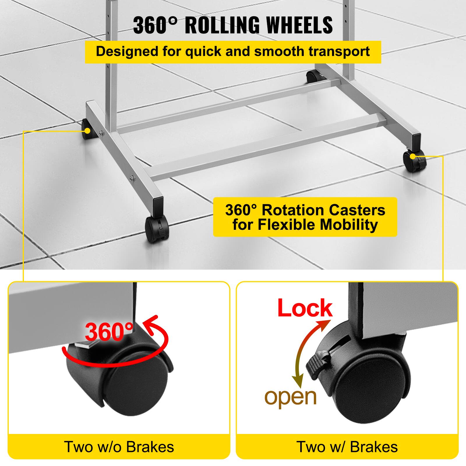 360° ROLLING WHEELS, Designed for quick and smooth transport, 360° Rotation Casters for Flexible Mobility, Two w/o Brakes, Two w/ Brakes