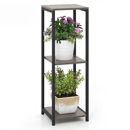 Front. Gymax - Gymax 3 Tier Tall Metal Plant Stand Corner Plant Holder w/ Metal Frame - Grey, Black.