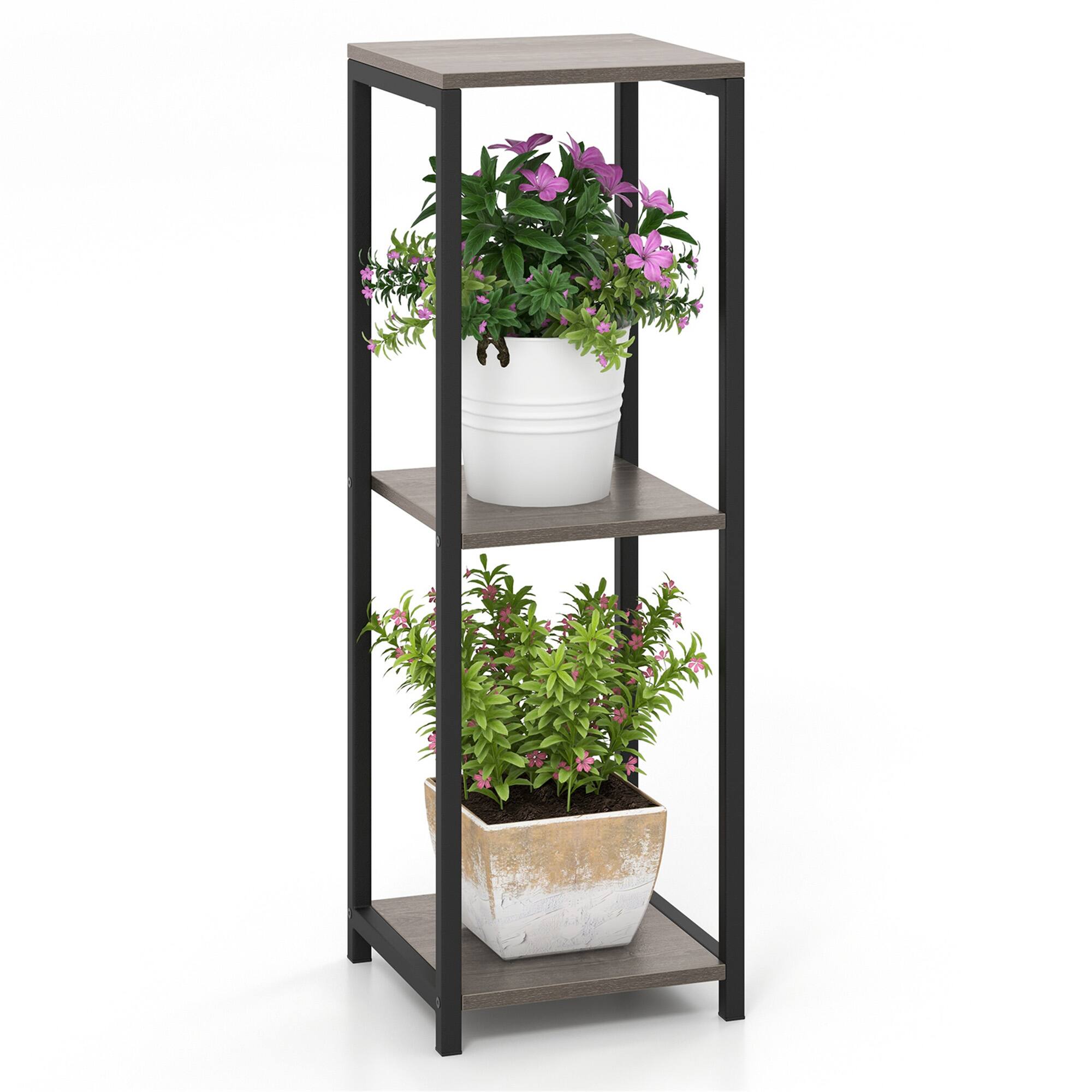 Front. Gymax - Gymax 3 Tier Tall Metal Plant Stand Corner Plant Holder w/ Metal Frame - Grey, Black.