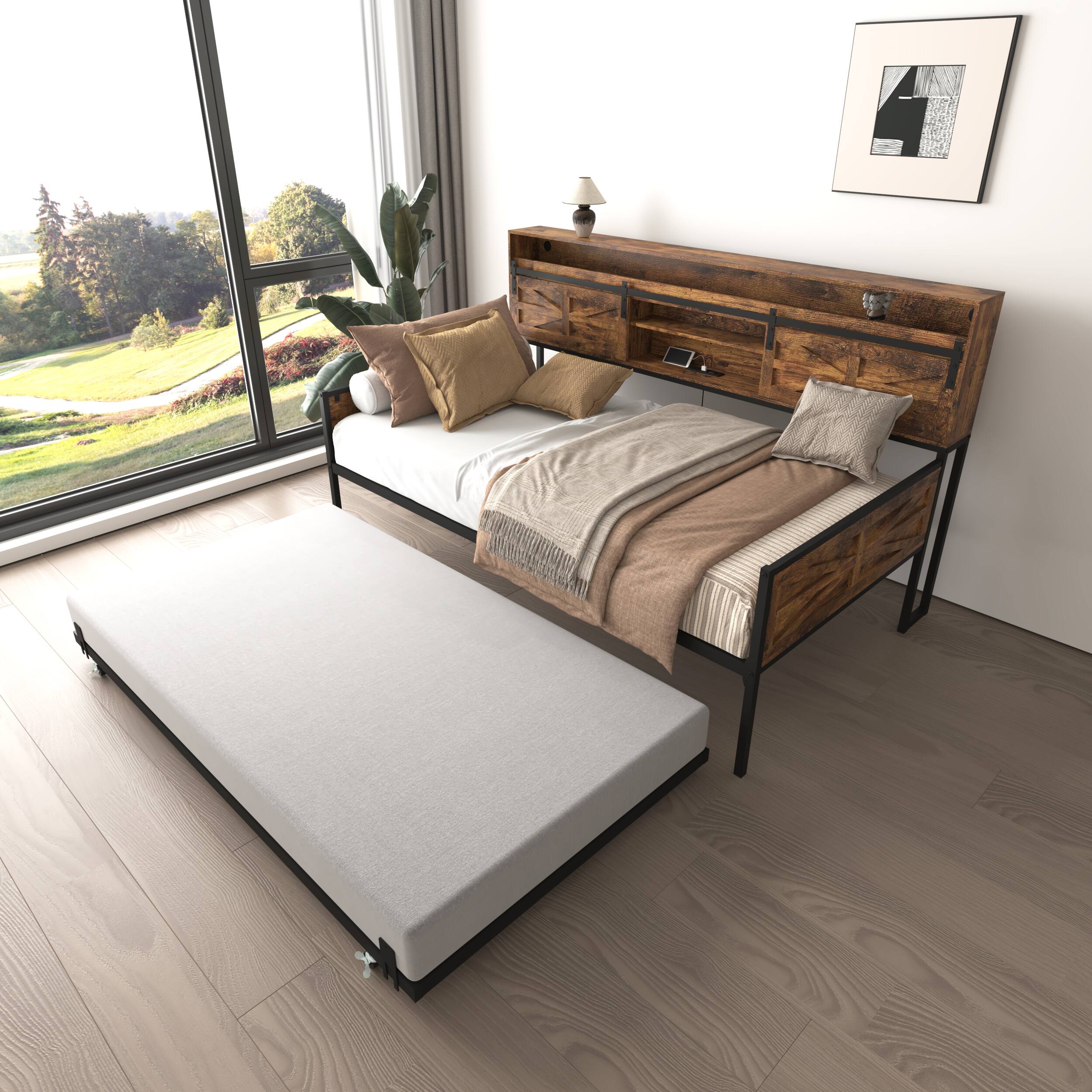 Left. LUCKY ONE - Farmhouse Twin Daybed with Trundle,Charging Station & LED Light - Black+Brown.