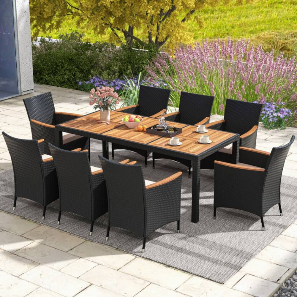 Angle. Mondawe - 9 Pieces Outdoor Dining Set with Acacia Wood Tabletop - Black and Natural.