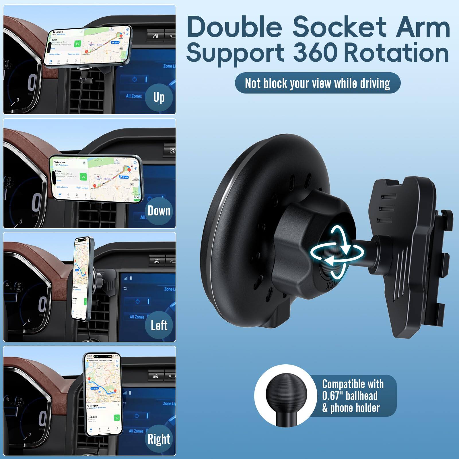 Double Socket Arm Support 360 Rotation  
Not block your view while driving  

Compatible with 0.67" ballhead & phone holder