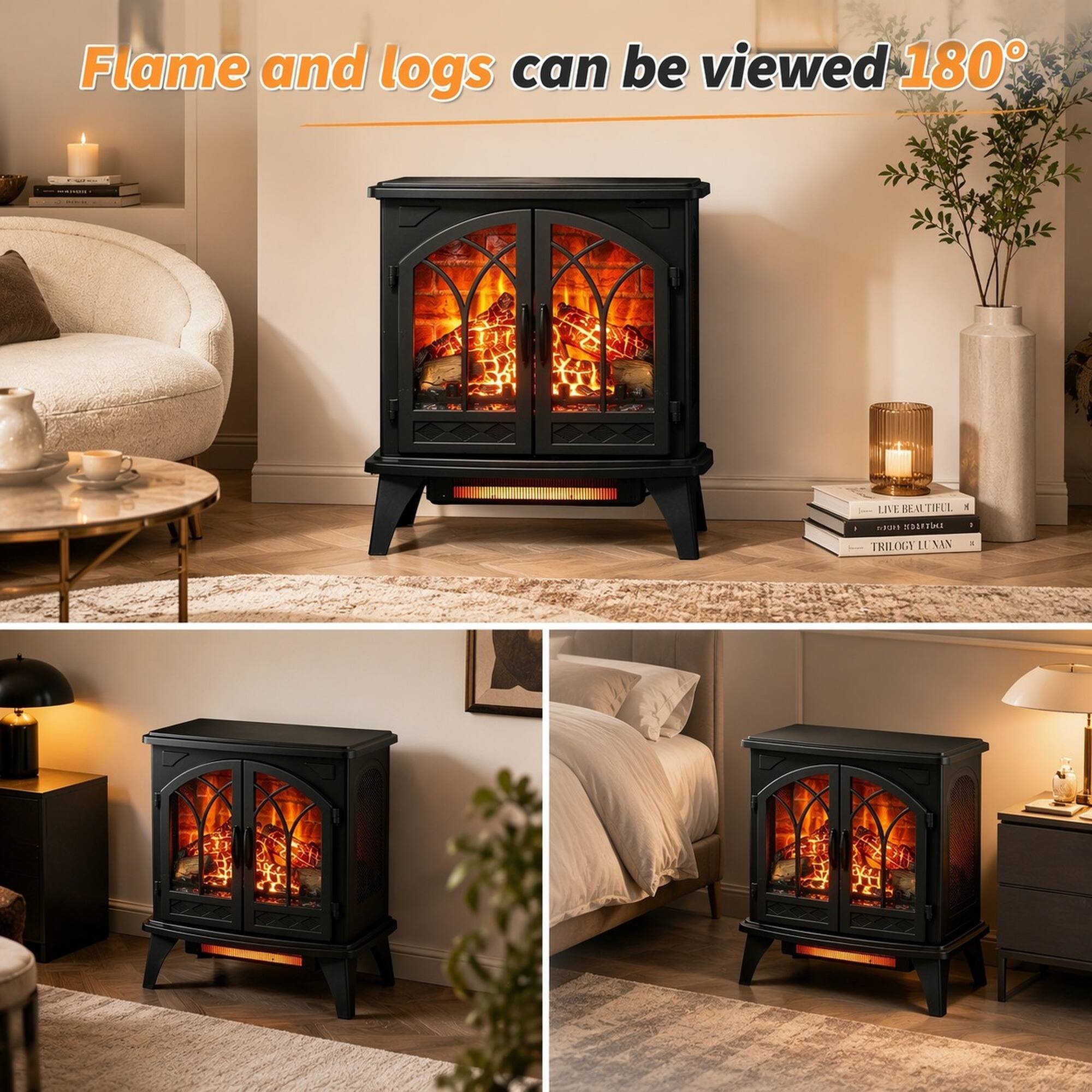 Flame and logs can be viewed 180°
