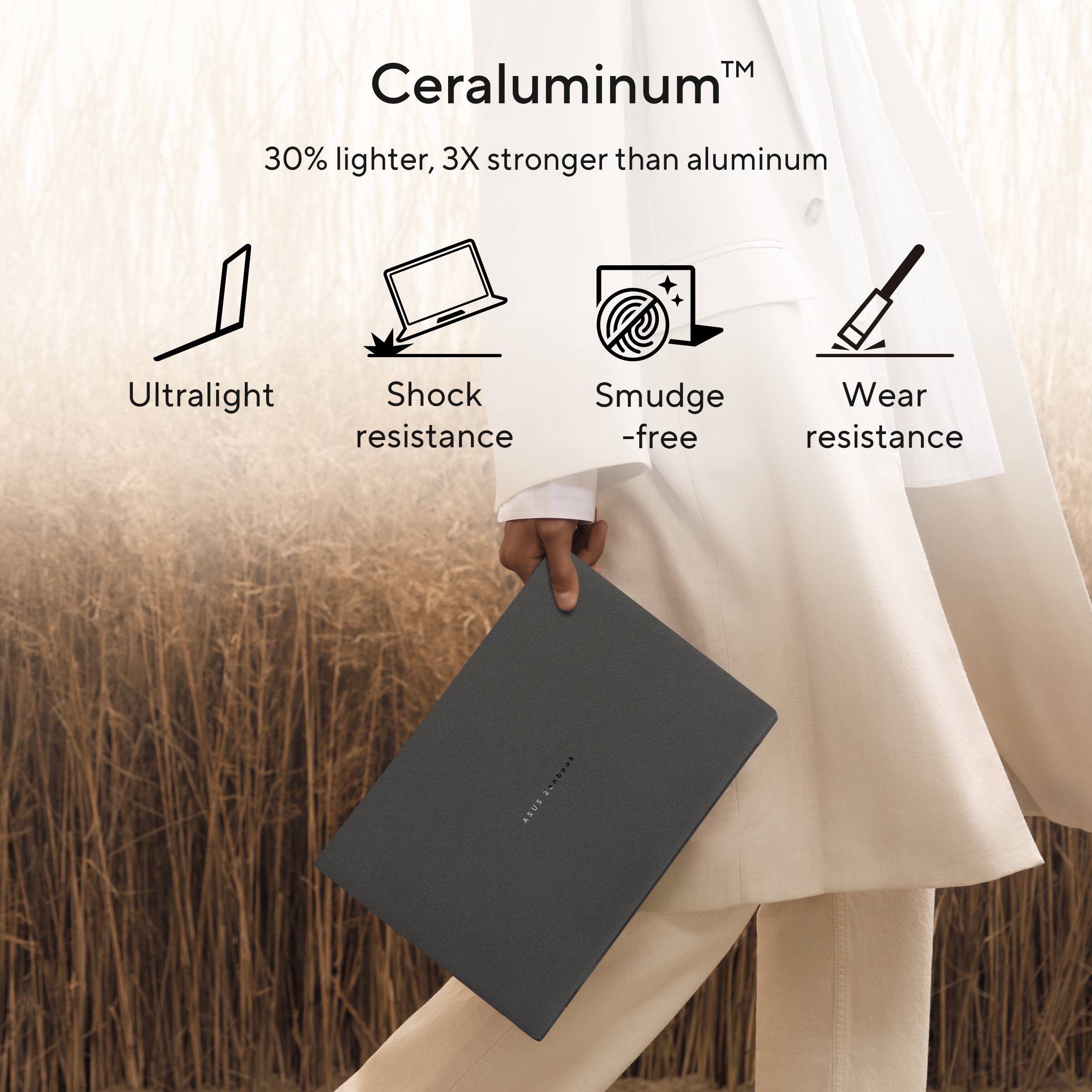 Ceraluminum™  
30% lighter, 3X stronger than aluminum  

- Ultralight  
- Shock resistance  
- Smudge-free  
- Wear resistance