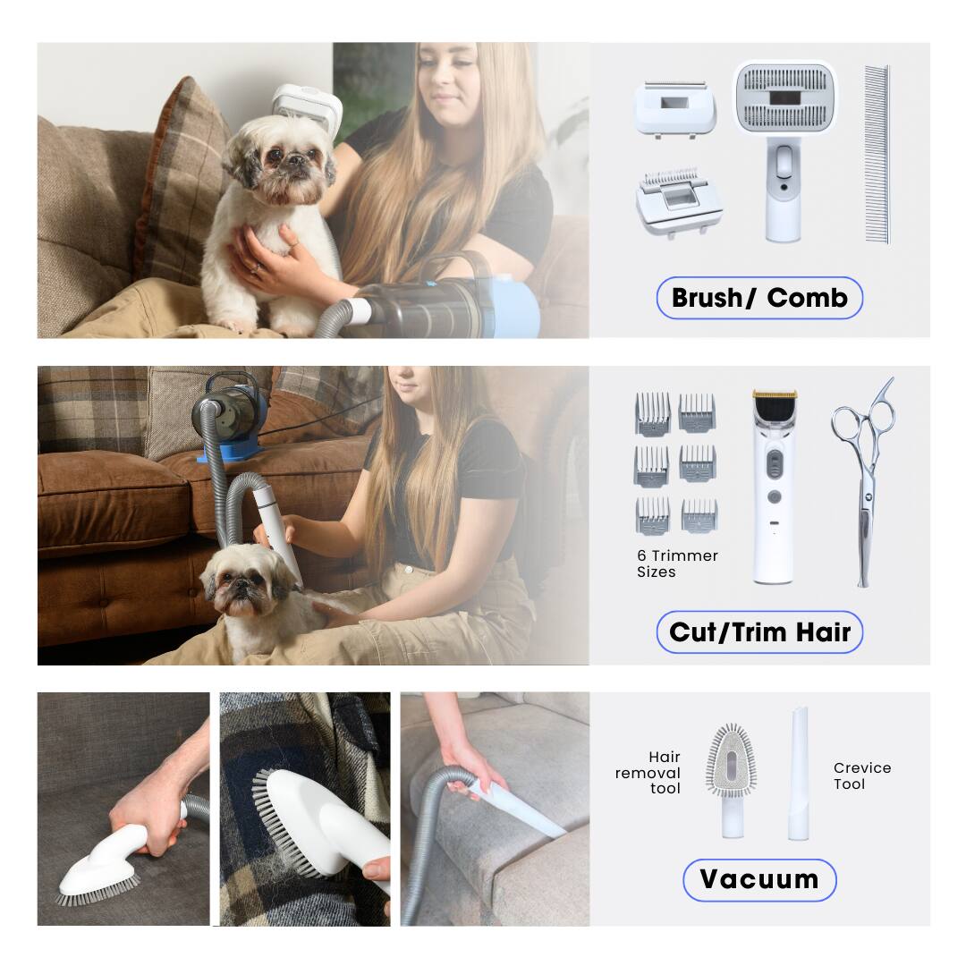 - Brush/ Comb
- 6 Trimmer Sizes
- Cut/Trim Hair
- Hair removal tool
- Crevice Tool
- Vacuum
