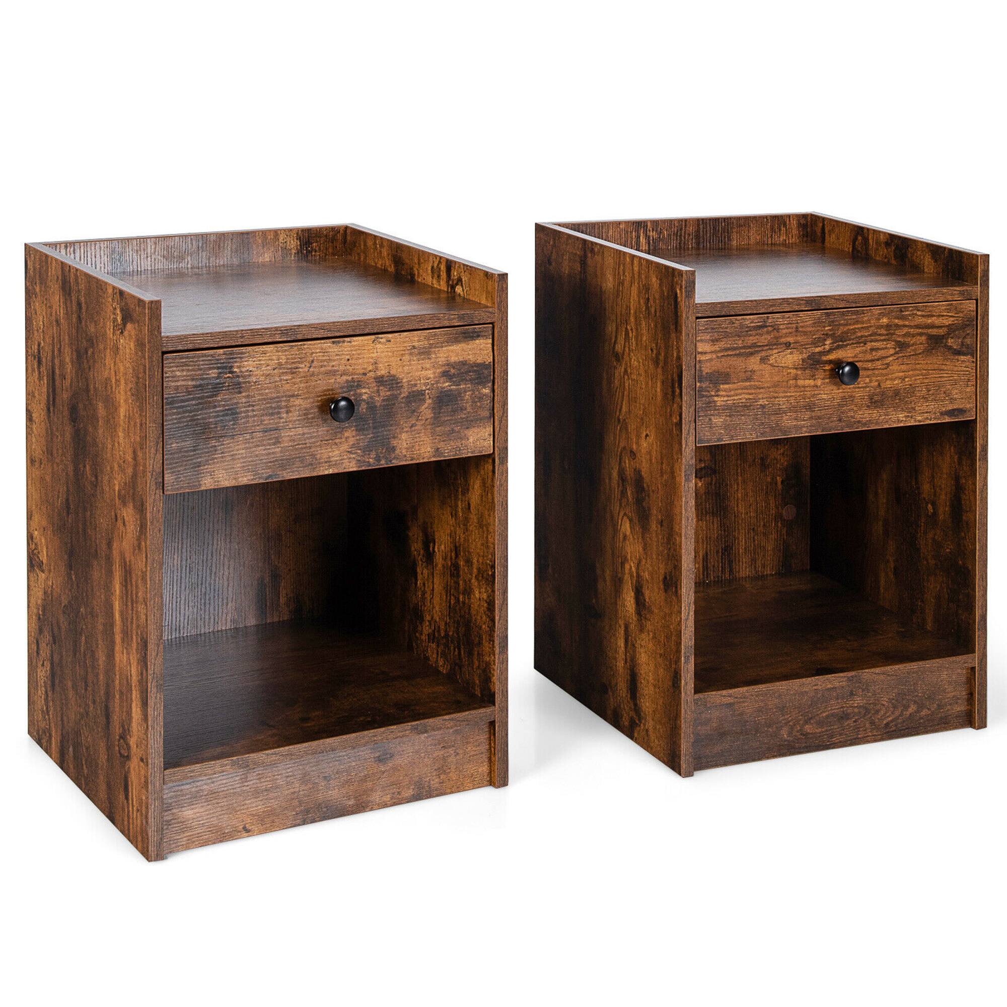Alt View 9. Gymax - Gymax Set of 2 Nightstand with Drawer Cabinet End Side Table Raised Top Rustic Brown - Rustic Brown.