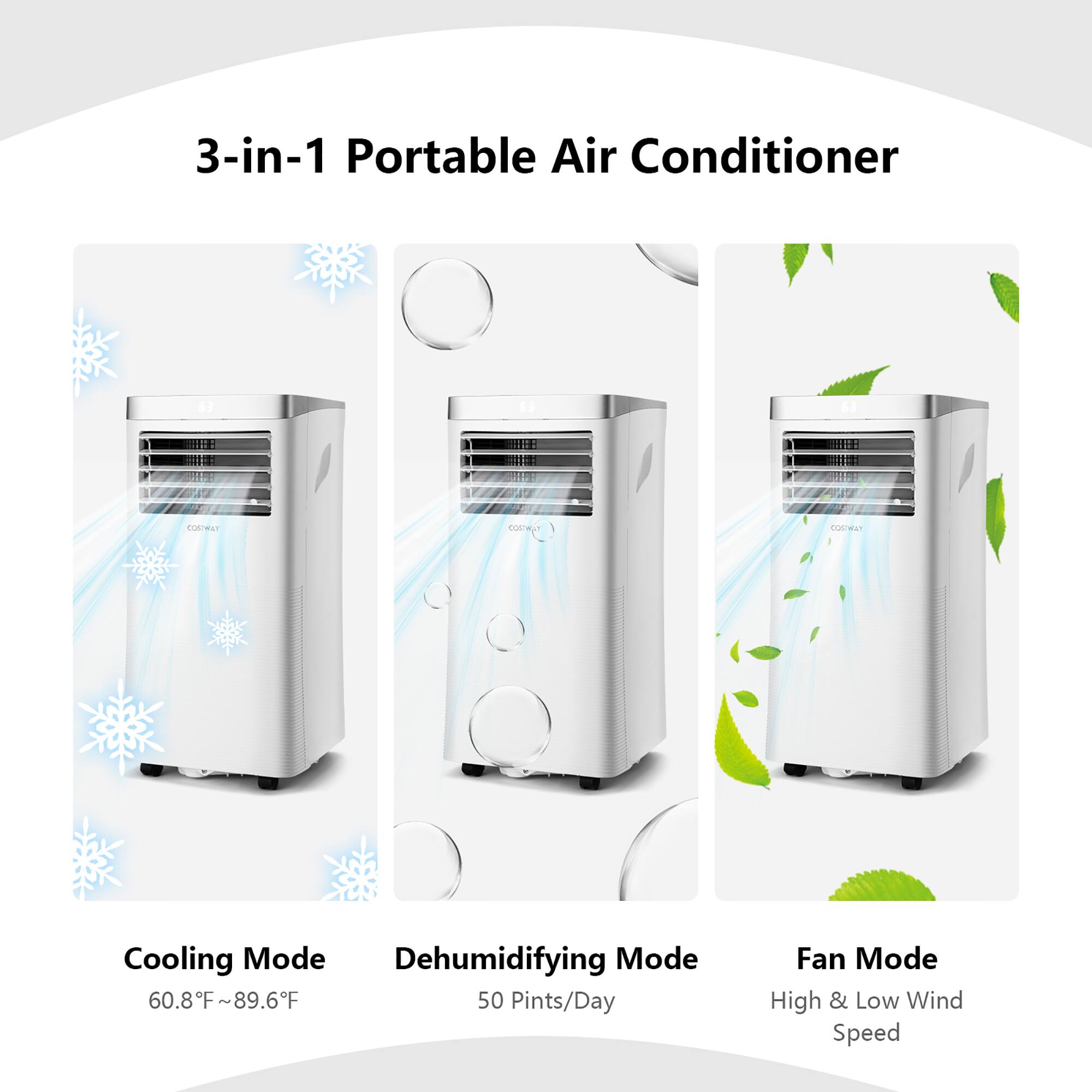 3-in-1 Portable Air Conditioner Cooling Mode Dehumidifying Mode Fan Mode 60.8F~89.6F 50 Pints/Day High & Low Wind Speed
