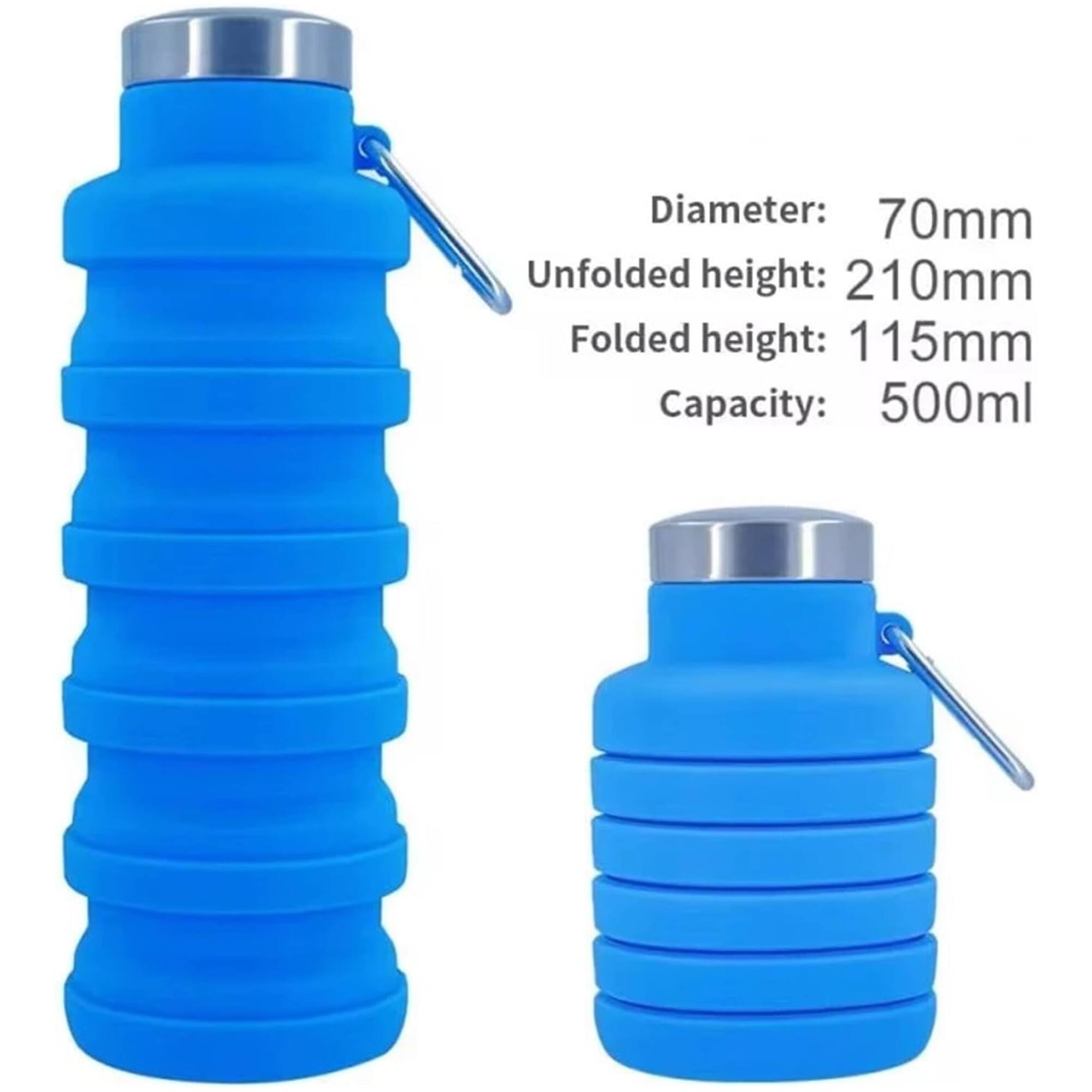 Diameter: 70mm  
Unfolded height: 210mm  
Folded height: 115mm  
Capacity: 500ml