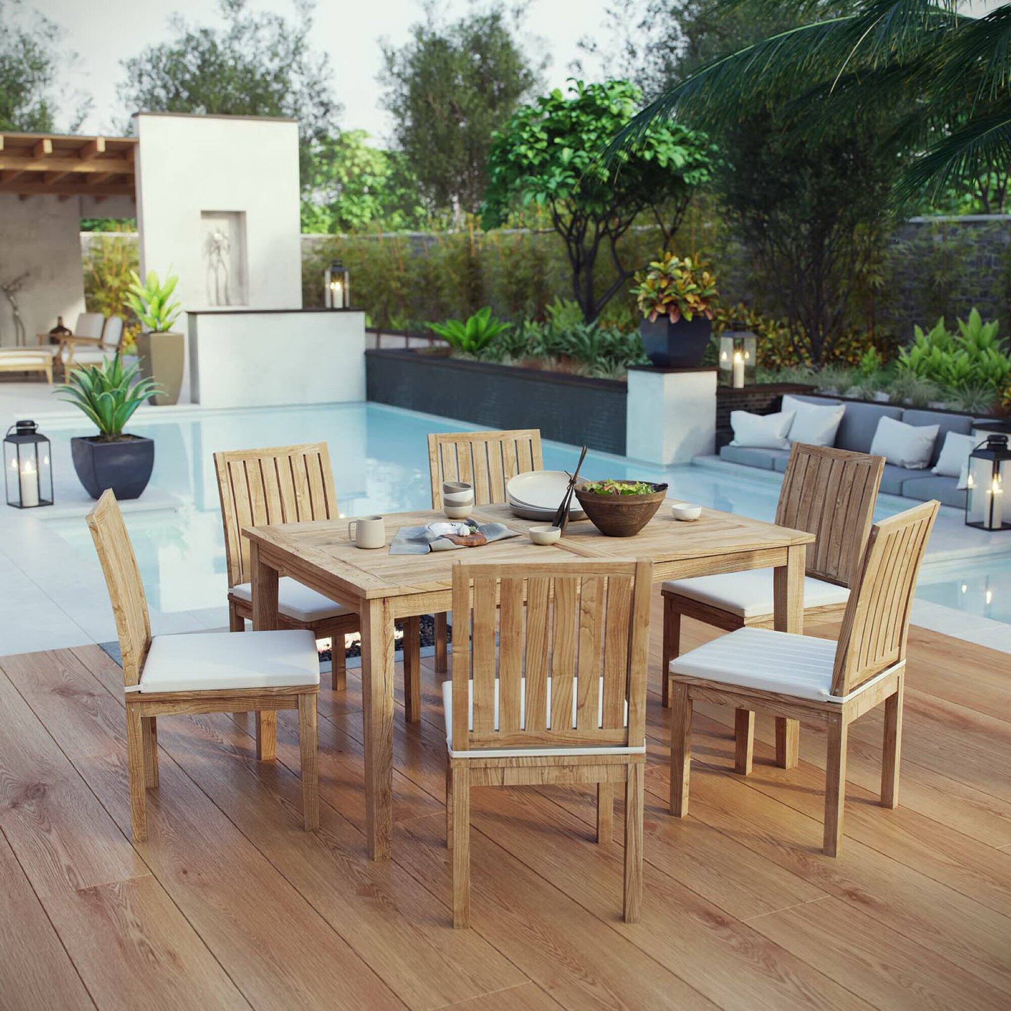 Alt View 3. Modway - Marina 7-Piece Outdoor Teak Patio Dining Set - Natural White.