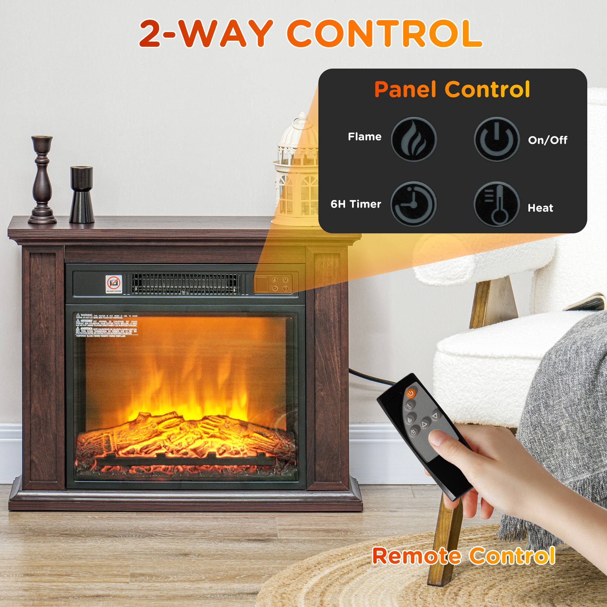 2-WAY CONTROL

Panel Control
- Flame
- On/Off
- 6H Timer
- Heat

Remote Control