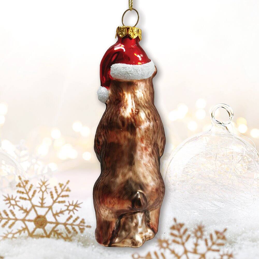 Back. OrnamentallyYou - Grizzly Bear with Santa Hat and Gift Glass Christmas Ornament - Multi-colored.