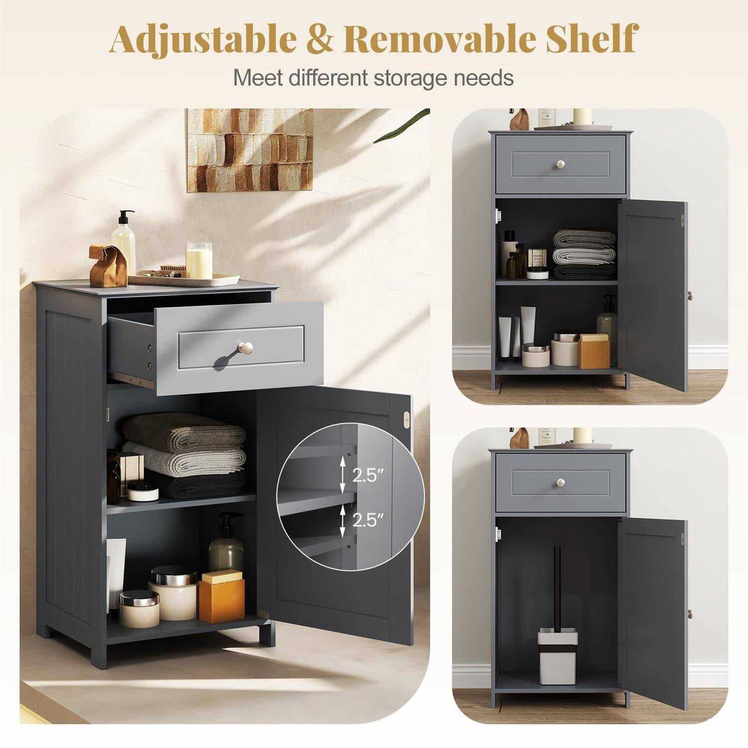 Adjustable & Removable Shelf  
Meet different storage needs  

2.5"  
2.5"