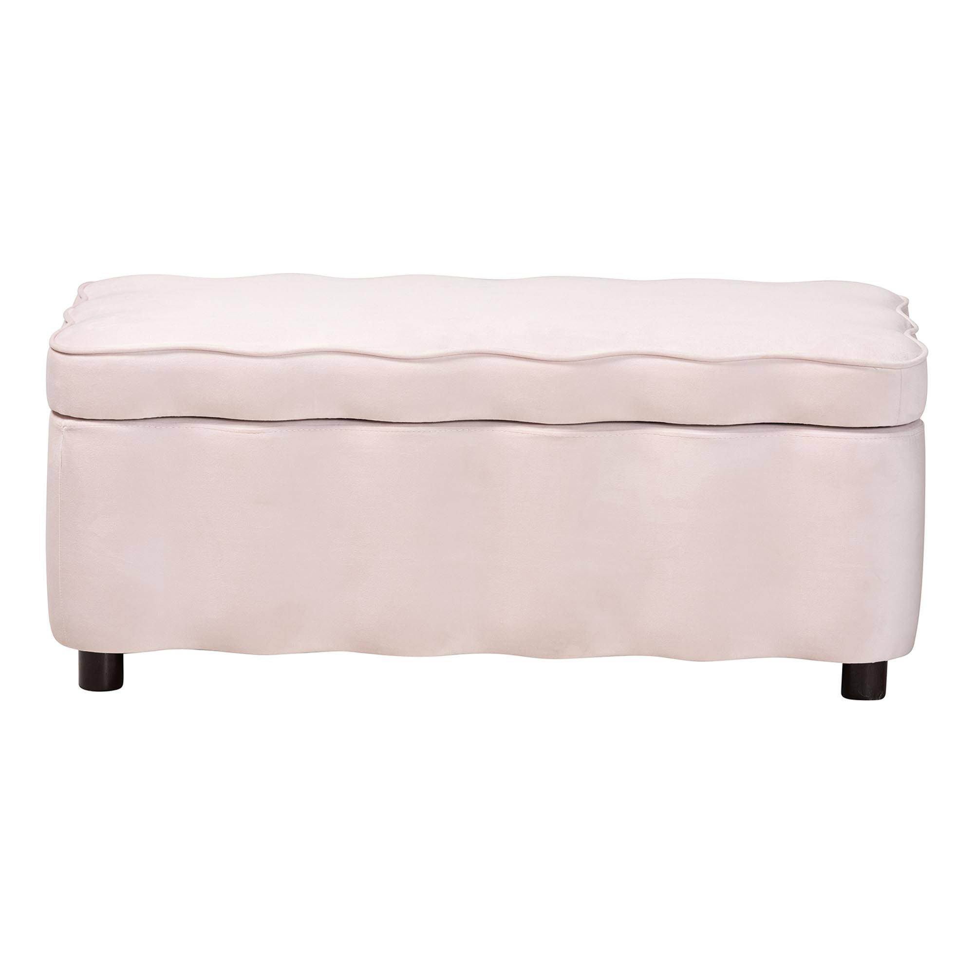 Left. Baxton Studio - Paulina Velvet Storage Bench - Lift Top Accent Bench with Interior Storage and Scalloped Outline - Light Pink/Black.