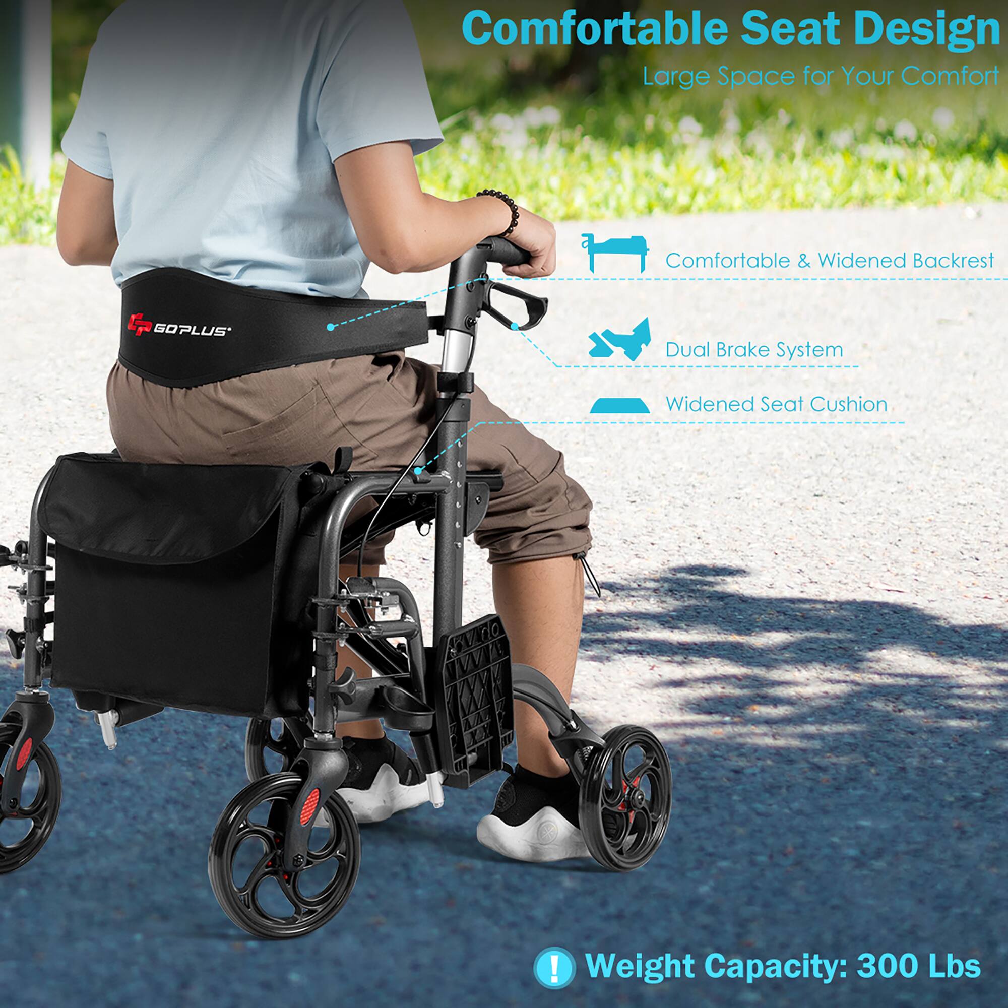 Comfortable Seat Design, Large Space for Your Comfort, Comfortable & Widened Backrest, Dual Brake System, Widened Seat Cushion, Weight Capacity: 300 Lbs