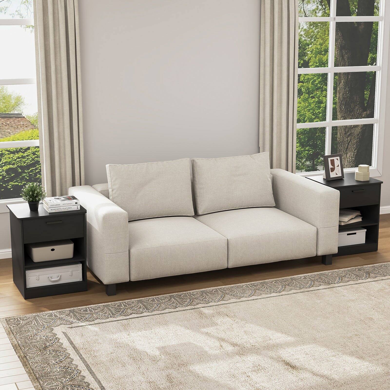 Left. Kadyn - Kadyn Wood Nightstand With Charging Station, Bedside Table With Wood Drawers And Open Shelf, Bedroom, Black - Black.