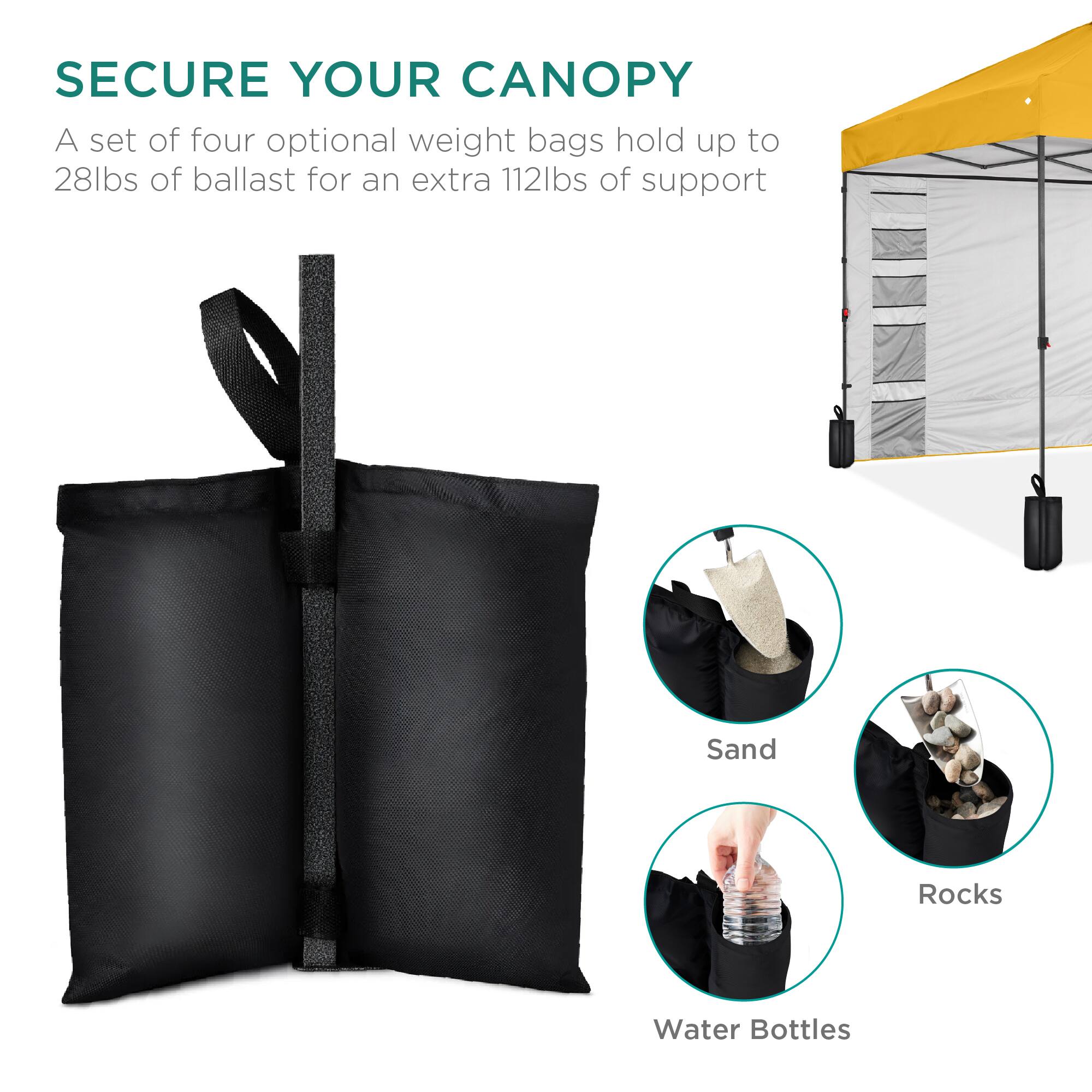 SECURE YOUR CANOPY

A set of four optional weight bags hold up to 28lbs of ballast for an extra 112lbs of support

Sand  
Rocks  
Water Bottles