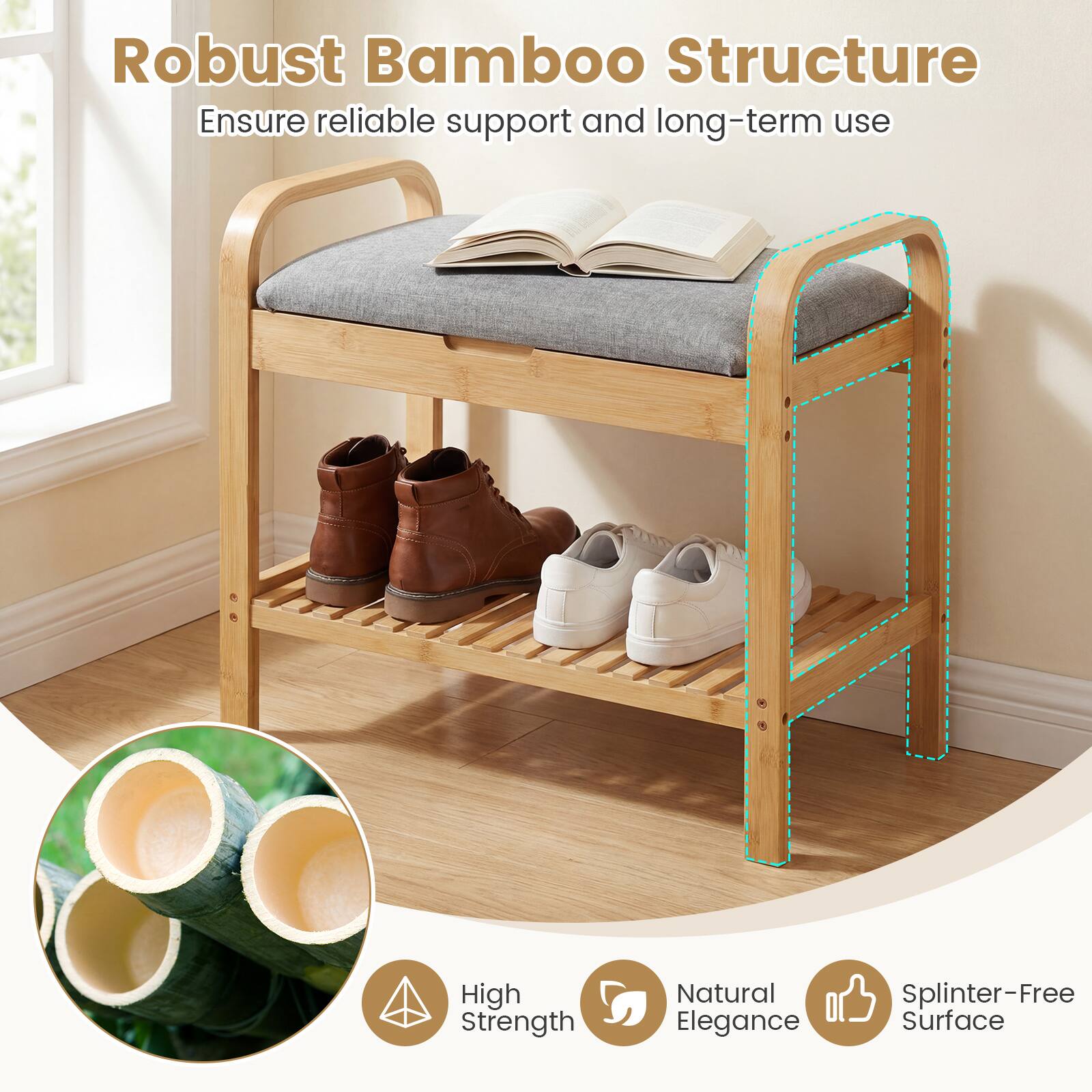 Robust Bamboo Structure  
Ensure reliable support and long-term use  

High Strength  
Natural Elegance  
Splinter-Free Surface