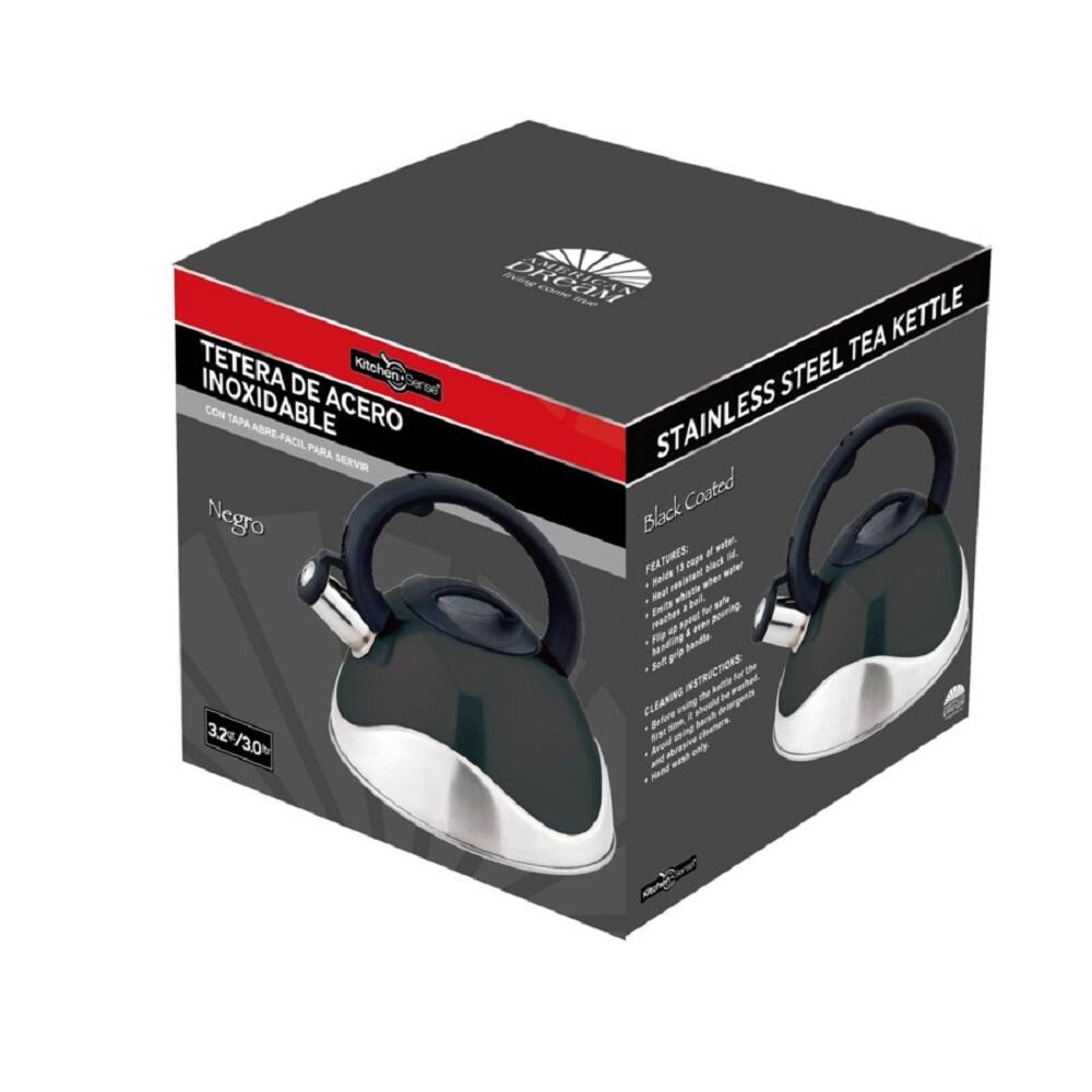 TETERA DE ACERO INOXIDABLE CON TAPA ABRE-FÁCIL PARA SERVIR Negro 3.2L/3.0L

STAINLESS STEEL TEA KETTLE

Black Coated

FEATURES:
- Easy to clean
- Durable and long-lasting
- Safe for use on all types of cooktops

CLEANING INSTRUCTIONS:
- Before first use, wash with warm soapy water and dry thoroughly
- Hand wash only