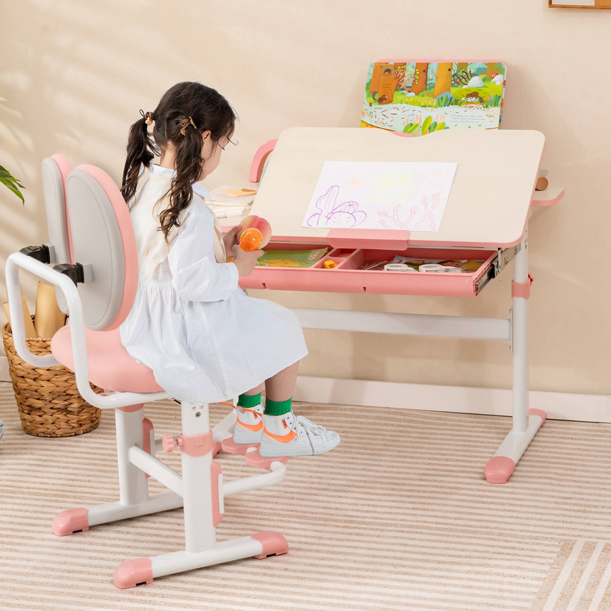 Alt View 3. Costway - Costway Height-Adjustable Kids Desk Chair with Double Back Support & Rotatable Footrests - Pink.