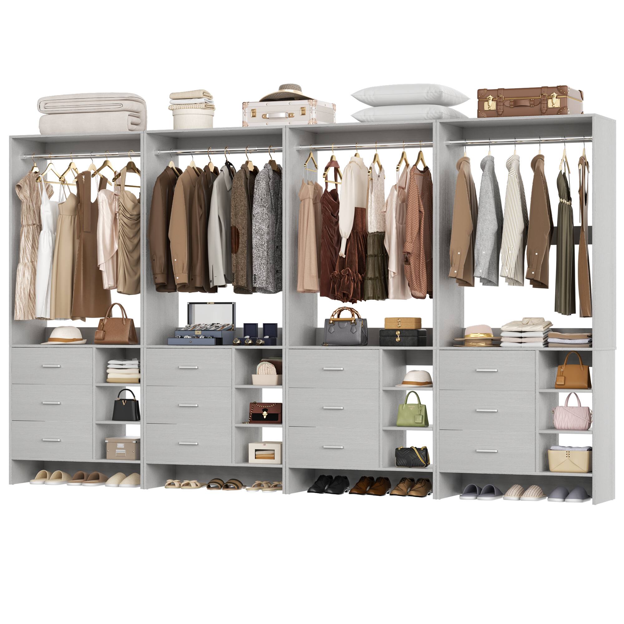 Angle. Aheaplus - 10FT Large Closet System 4-Piece Set with 12 Drawers, 118'' Walk-in Closet Organizer with Hanging Rods for Closet - Gray.