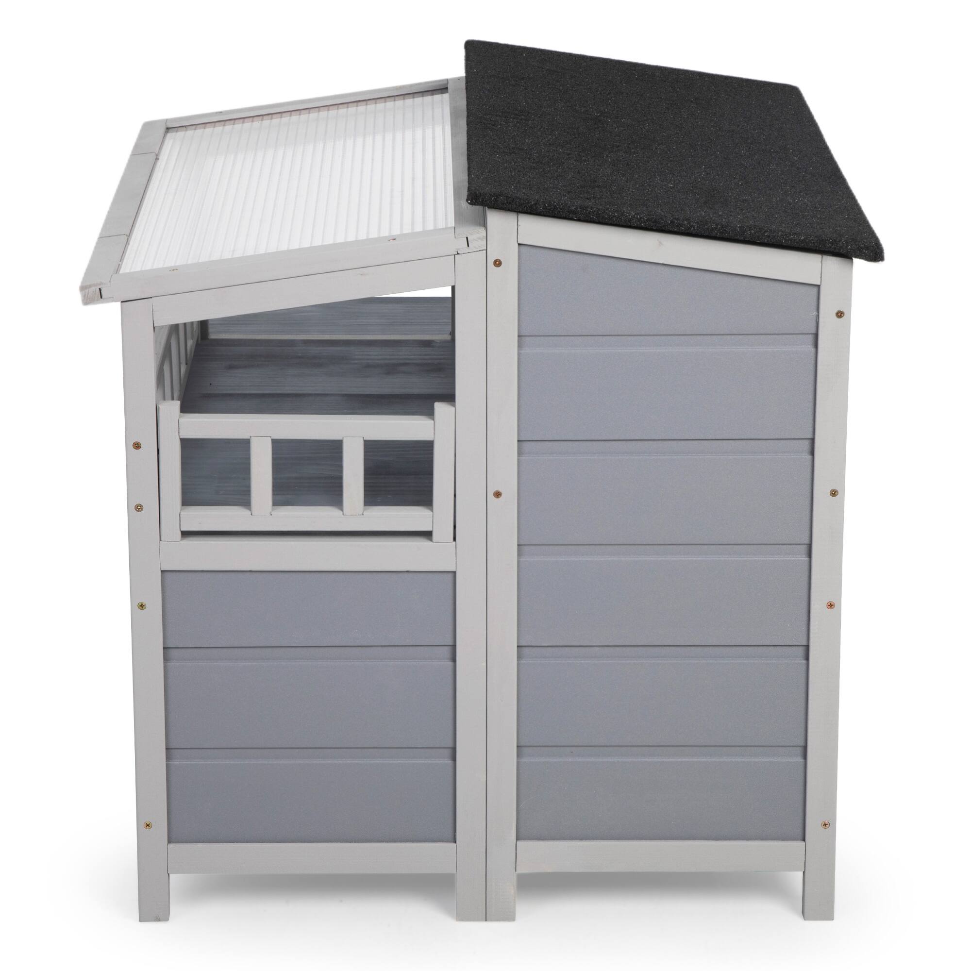 Front. Boyel Living - Gray 2Tier Insulated Wooden Cat House Outdoor Weatherproof Shelter with Sunlight Roof Balcony Play Platforms Kitty wi - Gray.