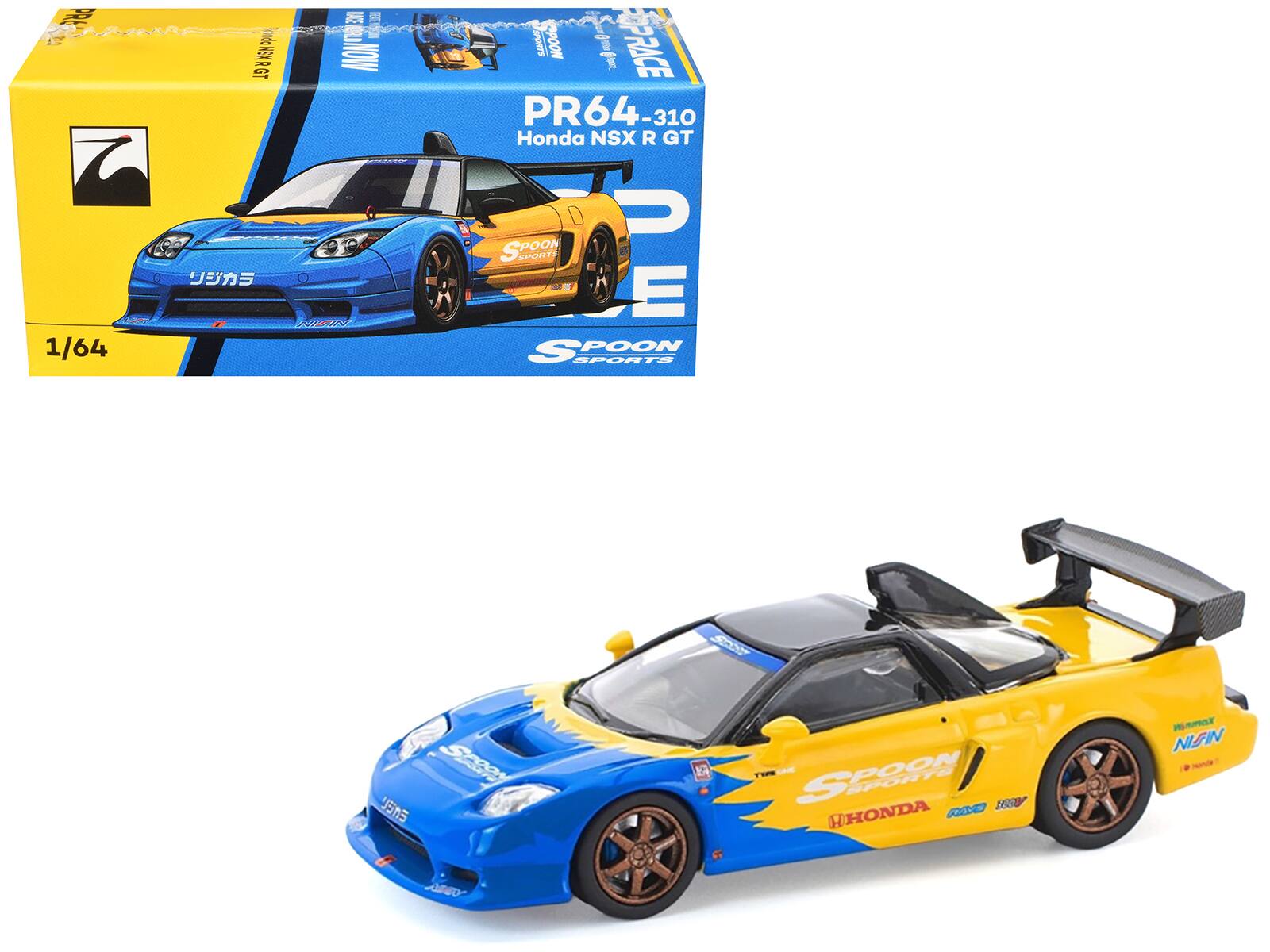 Honda NSX-R GT RHD (Right Hand Drive) "Spoon Sports" with Black Top 1/64 Diecast Model Car by Pop Race - Blue and Yellow