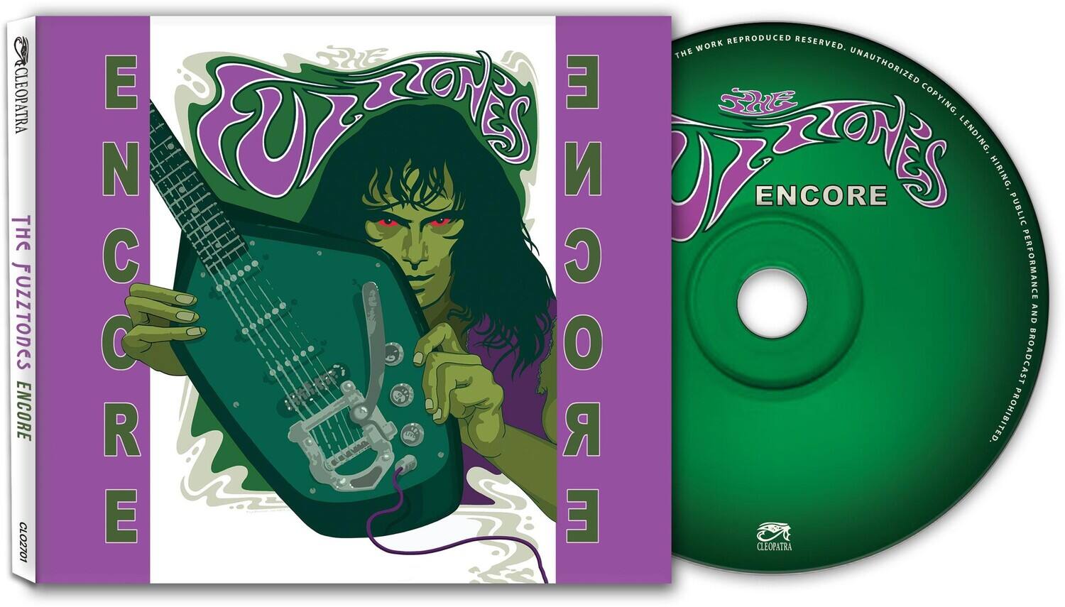 Sure, here is the corrected and grouped text from the image:

---

**Front Cover:**

- **Title:** "Encore"
- **Artist:** "The Fuzztones"
- **Album:** "This Is The Fuzztones' Encore"
- **Label:** "Cleopatra Records"

**Spine:**

- **Text:** "ENCORE"

**CD:**

- **Title:** "Encore"
- **Artist:** "The Fuzztones"
- **Label:** "Cleopatra Records"

**Bottom of CD:**

- **Text:** "Cleopatra Records"

**Bottom of Spine:**

- **Text:** "Cleopatra Records"

**Bottom of Front Cover:**

- **Text:** "©2001"

**Bottom of CD:**

- **Text:** "THE WORK REPRODUCED RESERVED. UNAUTHORIZED COPYING, LEASING, LENDING, PUBLIC PERFORMANCE, BROADCASTING AND REPRODUCTION OF THIS RECORDING IS STRICTLY PROHIBITED."

---