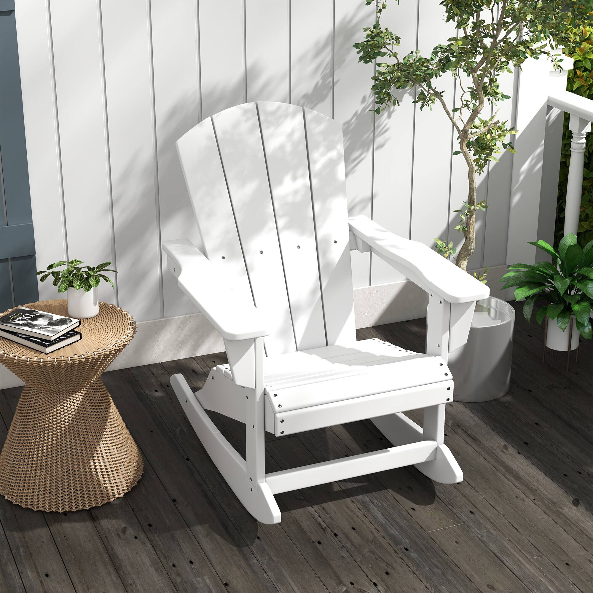Angle. Outsunny - Adirondack Rocking Chair, All Weather HDPE Porch Rocker, Rocking Fire Pit Chair for Patio, Garden, Lawn, White - White.