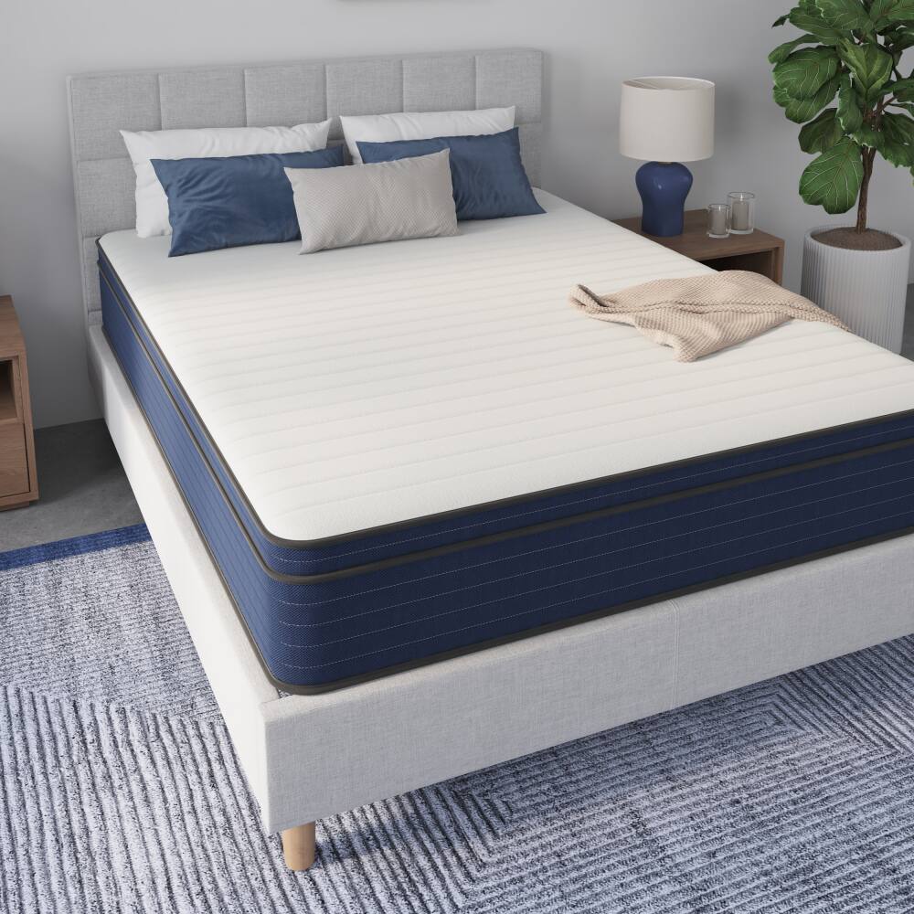 Front. PDTEND - 10-Inch Medium Firm Queen Hybrid Mattress - Cooling Gel Memory Foam & Pocket Spring - White+Blue.
