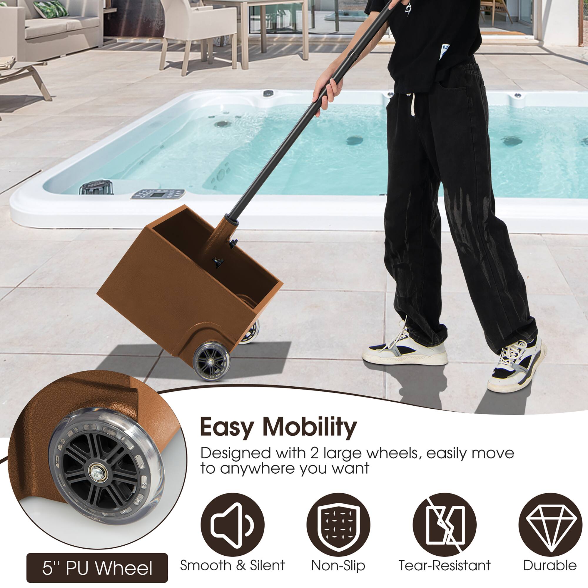 Easy Mobility  
Designed with 2 large wheels, easily move to anywhere you want  
5" PU Wheel  
Smooth & Silent  
Non-Slip  
Tear-Resistant  
Durable