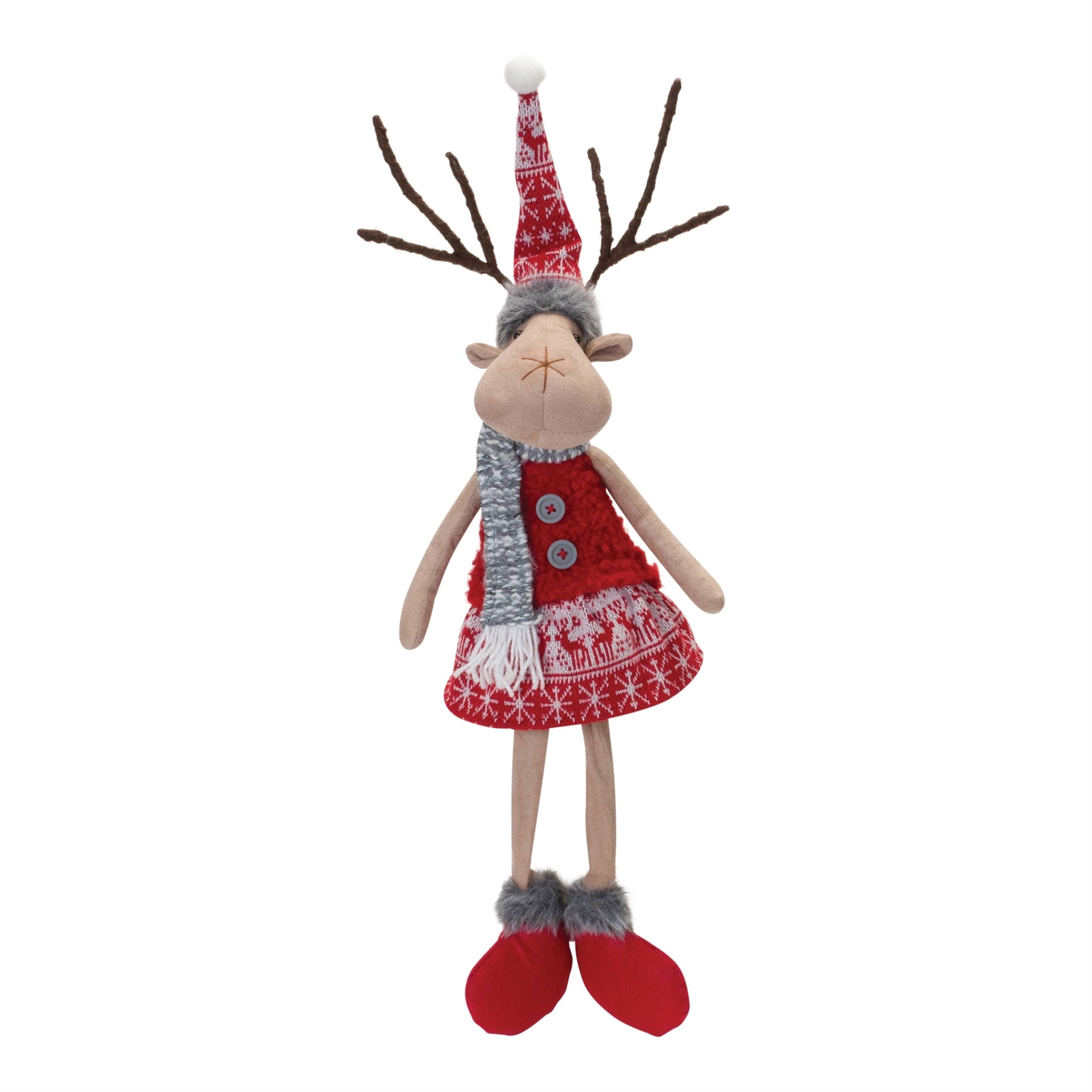 Angle. BreeBe - Plush Winter Deer Shelf Sitter (Set of 2) - Red, Grey.