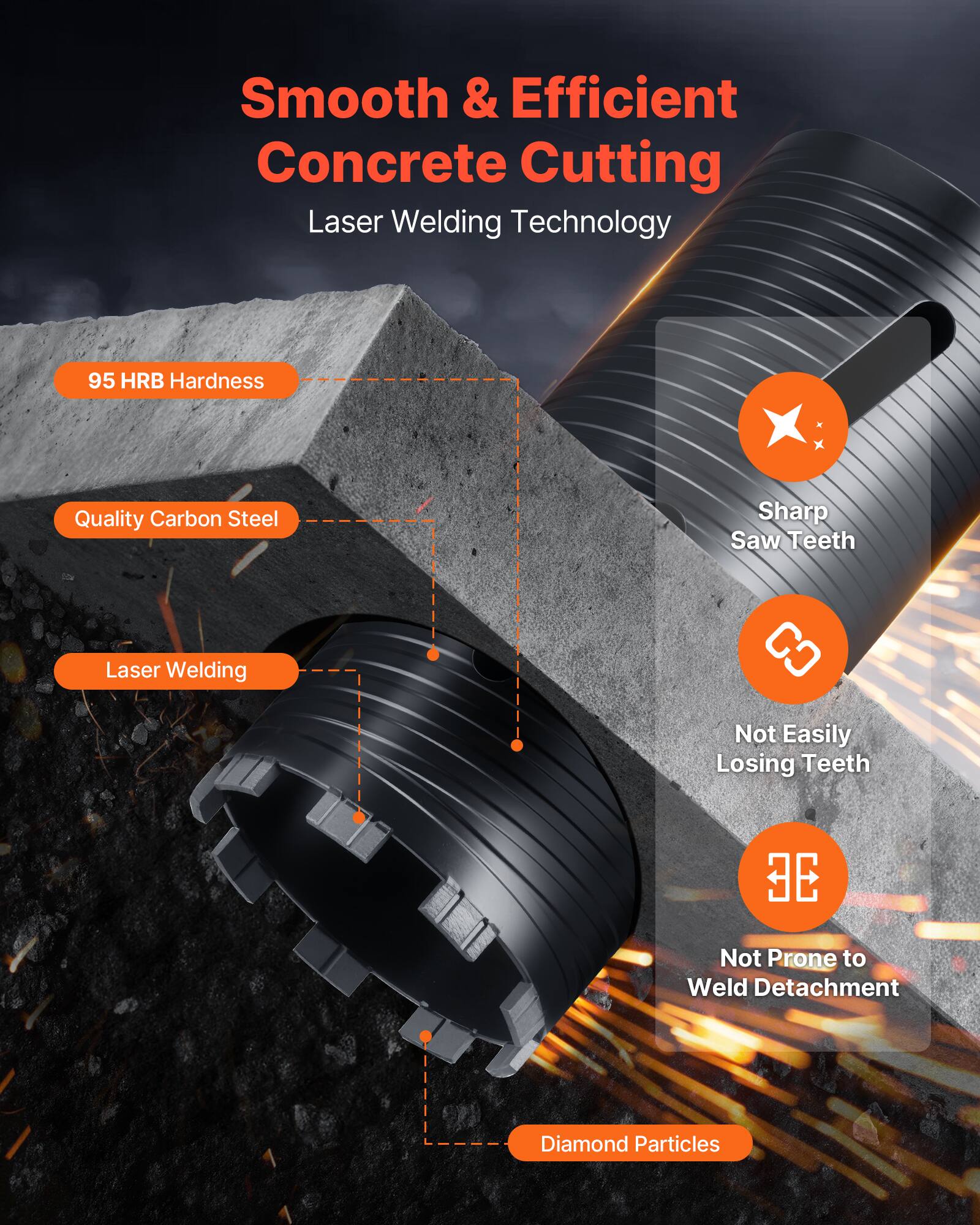 Smooth & Efficient Concrete Cutting  
Laser Welding Technology  

- 95 HRB Hardness  
- Quality Carbon Steel  
- Laser Welding  
- Sharp Saw Teeth  
- Not Easily Losing Teeth  
- Not Prone to Weld Detachment  
- Diamond Particles