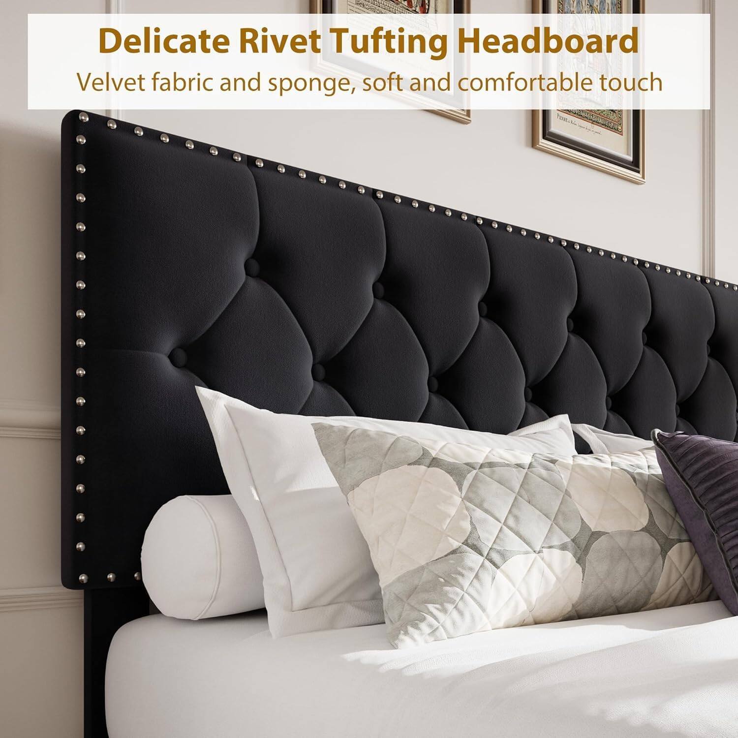 Delicate Rivet Tufting Headboard  
Velvet fabric and sponge, soft and comfortable touch