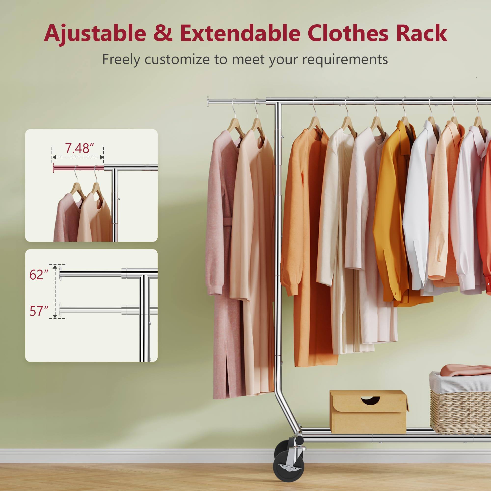 Ajustable & Extendable Clothes Rack  
Freely customize to meet your requirements  

7.48"  
62"  
57"