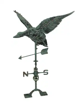 Front. Zeckos - Verdigris Patina Metal Flying Duck Weathervane with Roof Mount - Green.