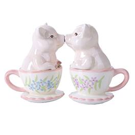 Mr. and Mrs. Kissing Pig 3 inch Ceramic Salt and Pepper Shaker Set by Pacific Trading - Pink