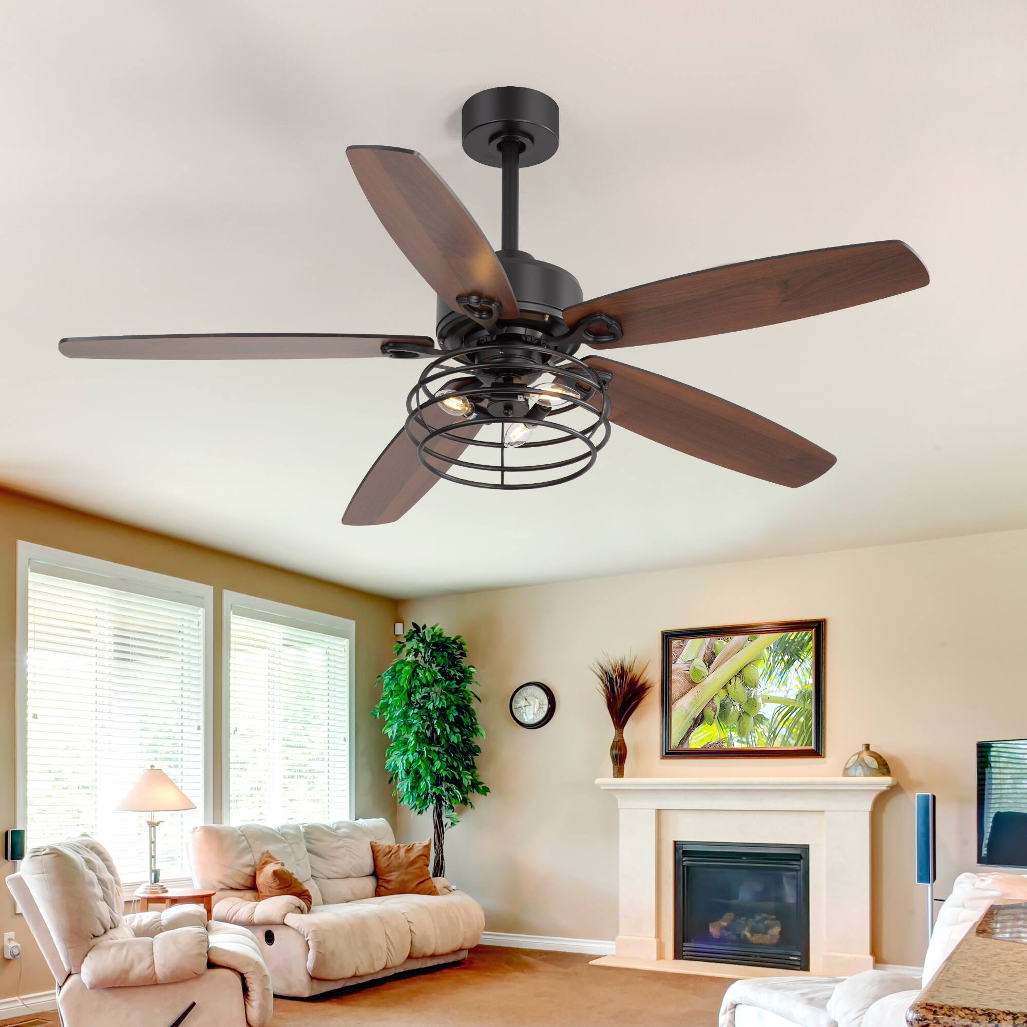 Angle. Breezary - 52" Indoor Ceiling Fan with 5 Plywood Blades, DC Motor, 5''/10'' Downrods, 6-Speed Remote Control with Timer - Matte Black.
