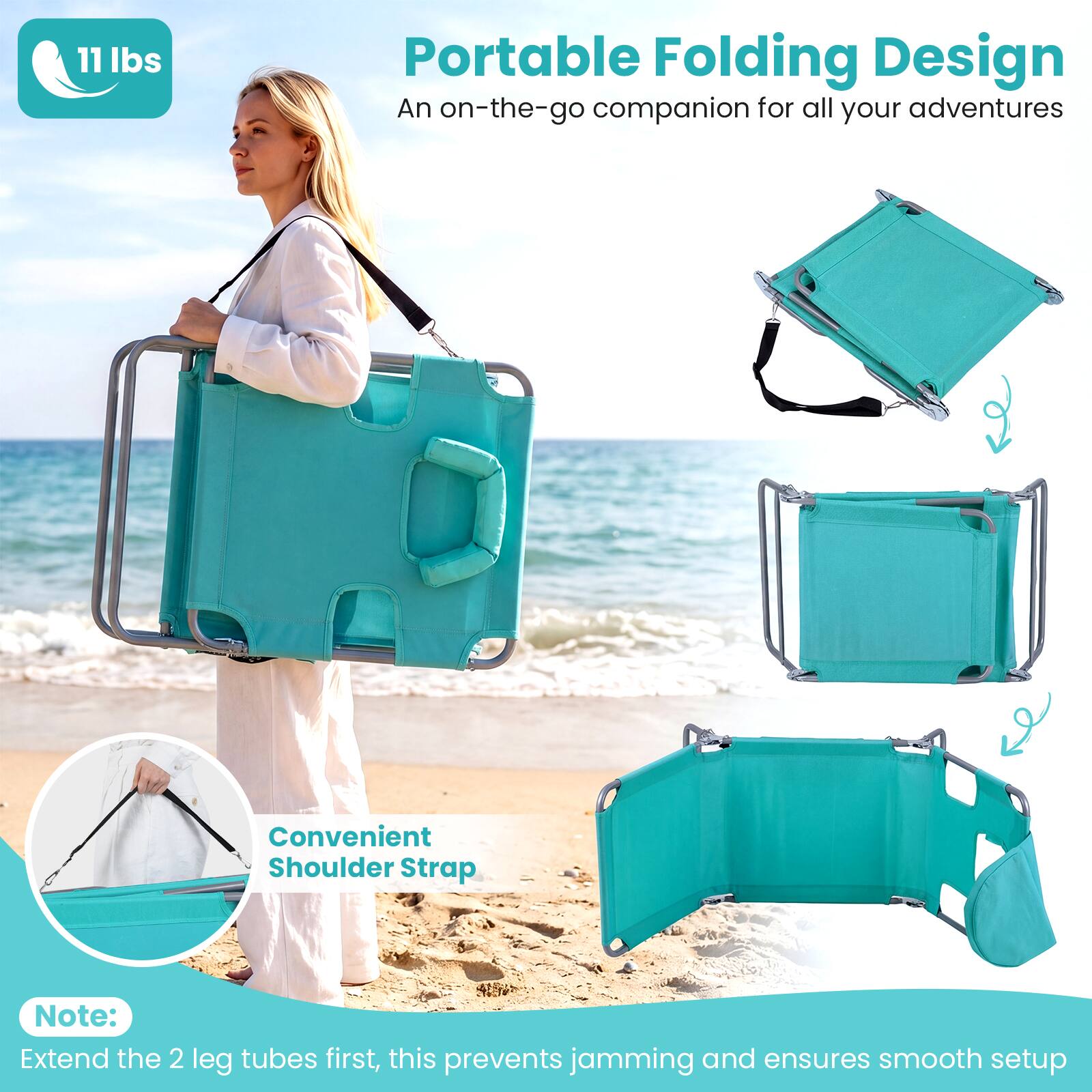11 lbs Portable Folding Design  
An on-the-go companion for all your adventures  

Convenient Shoulder Strap  

Note:  
Extend the 2 leg tubes first, this prevents jamming and ensures smooth setup