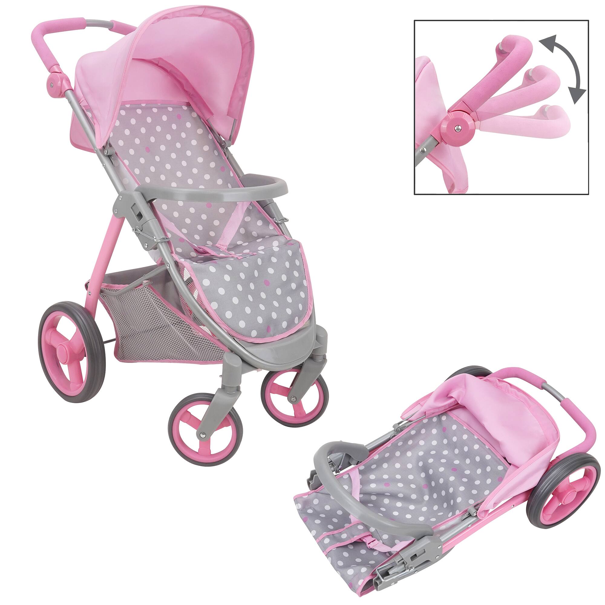 Angle. 509 Crew - 509 Crew - Cotton Candy Pink Doll Travel System in Grey Polka Dots, Fits Dolls Up to 18".