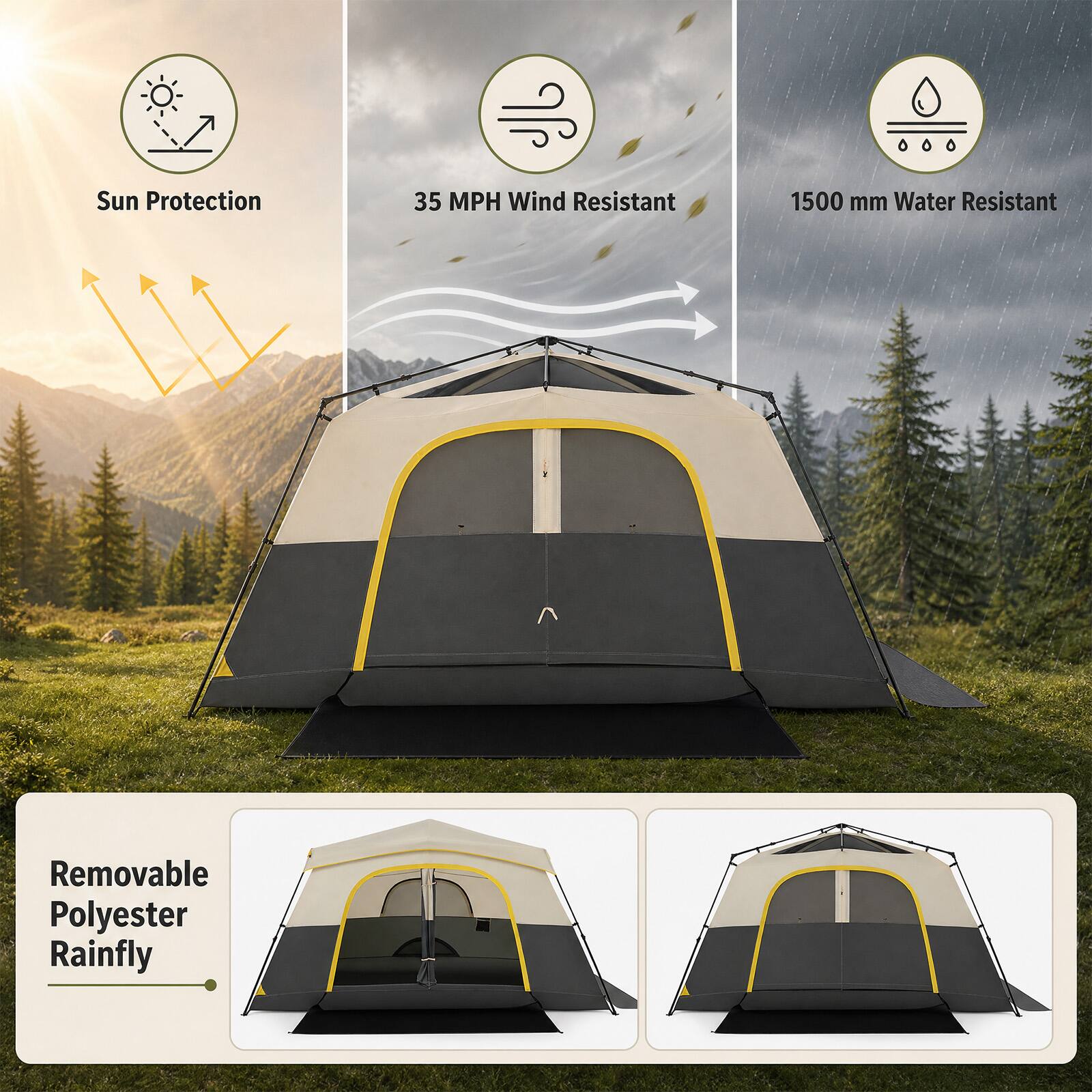 Sun Protection  
35 MPH Wind Resistant  
1500 mm Water Resistant  
Removable Polyester Rainfly