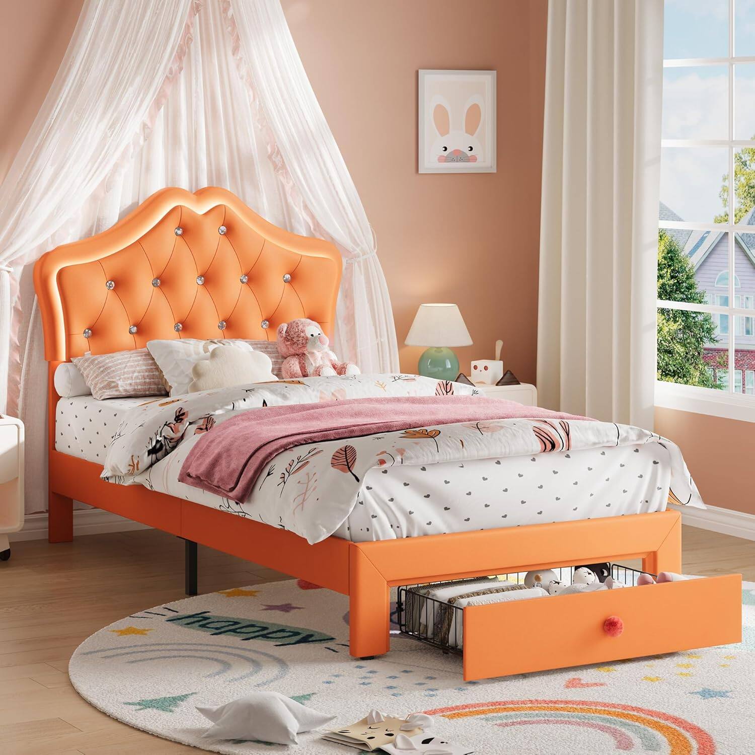 Front. Babevy - Twin Upholstered Platform Bed Frame with Storage Drawers, Princess Bed for Kids with Soft Rainbow Headboard - Orange.