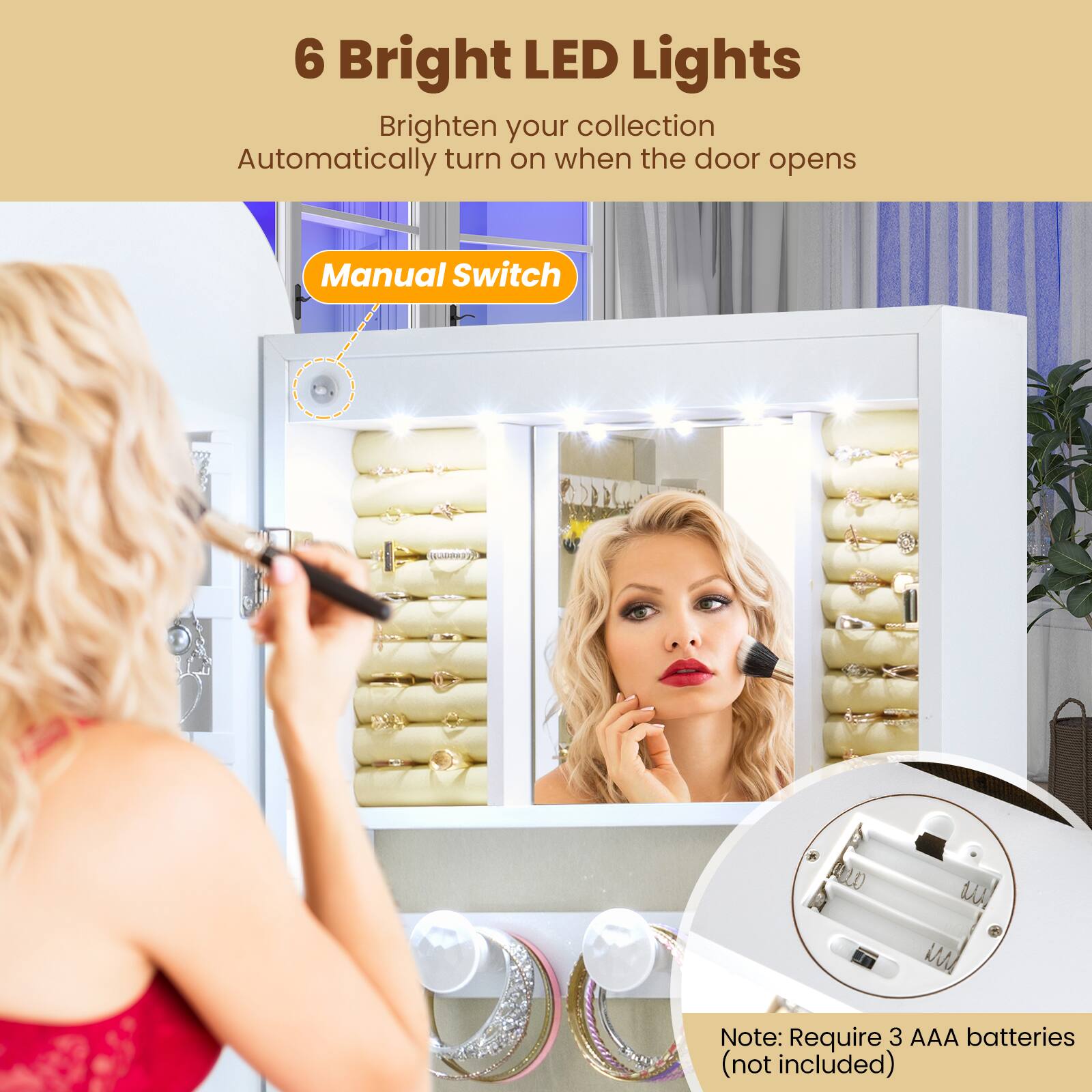 6 Bright LED Lights  
Brighten your collection  
Automatically turn on when the door opens  

Manual Switch  

Note: Require 3 AAA batteries (not included)